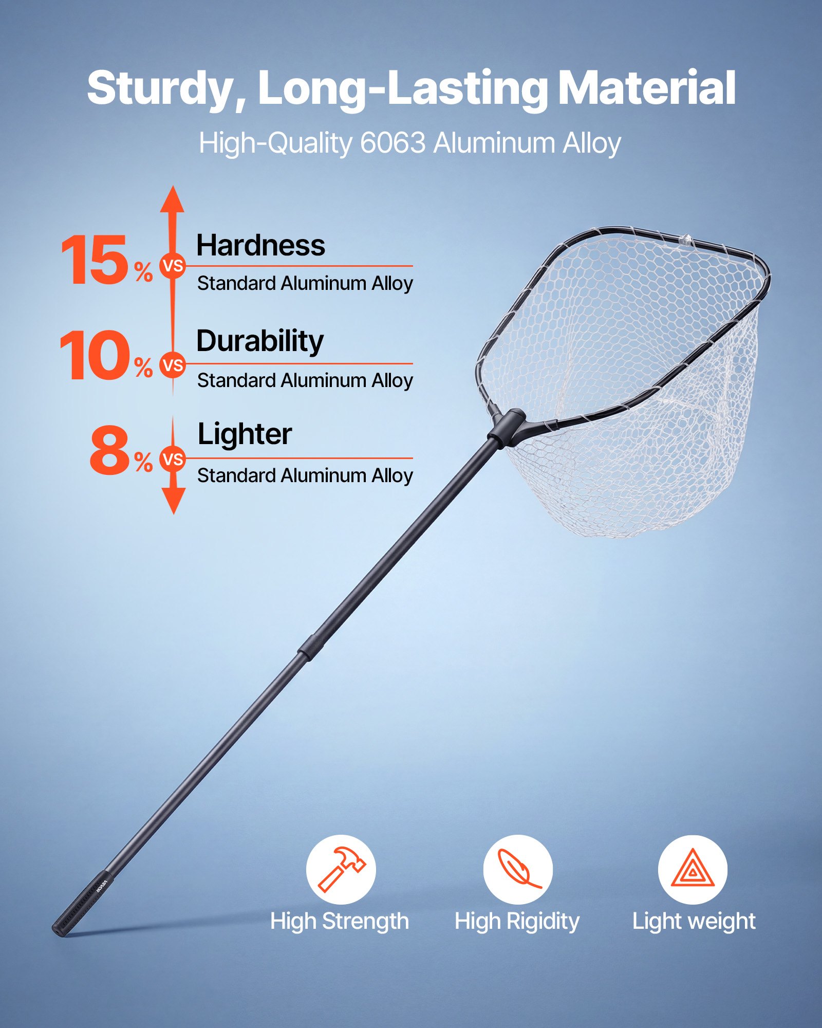 VEVOR Red de Pesca de Aluminio, Red de Aterrizaje de Peces con Malla de Silicona Suave y Mango Telescópico de PE, Ligera y Resistente, Sacadera Soporta hasta 13,6 kg, para Kayak, Barco, Orilla