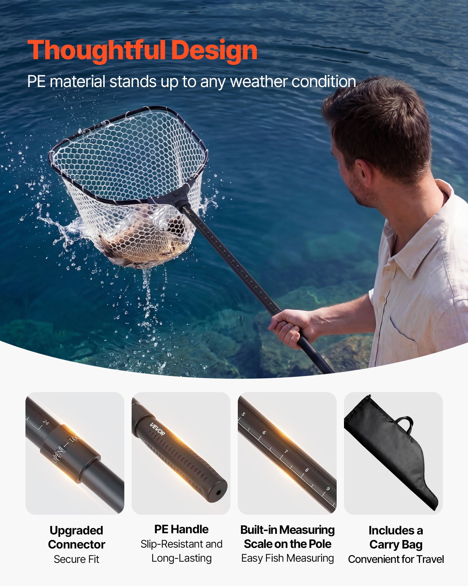 VEVOR Red de Pesca de Aluminio, Red de Aterrizaje de Peces con Malla de Silicona Suave y Mango Telescópico de PE, Ligera y Resistente, Sacadera Soporta hasta 13,6 kg, para Kayak, Barco, Orilla