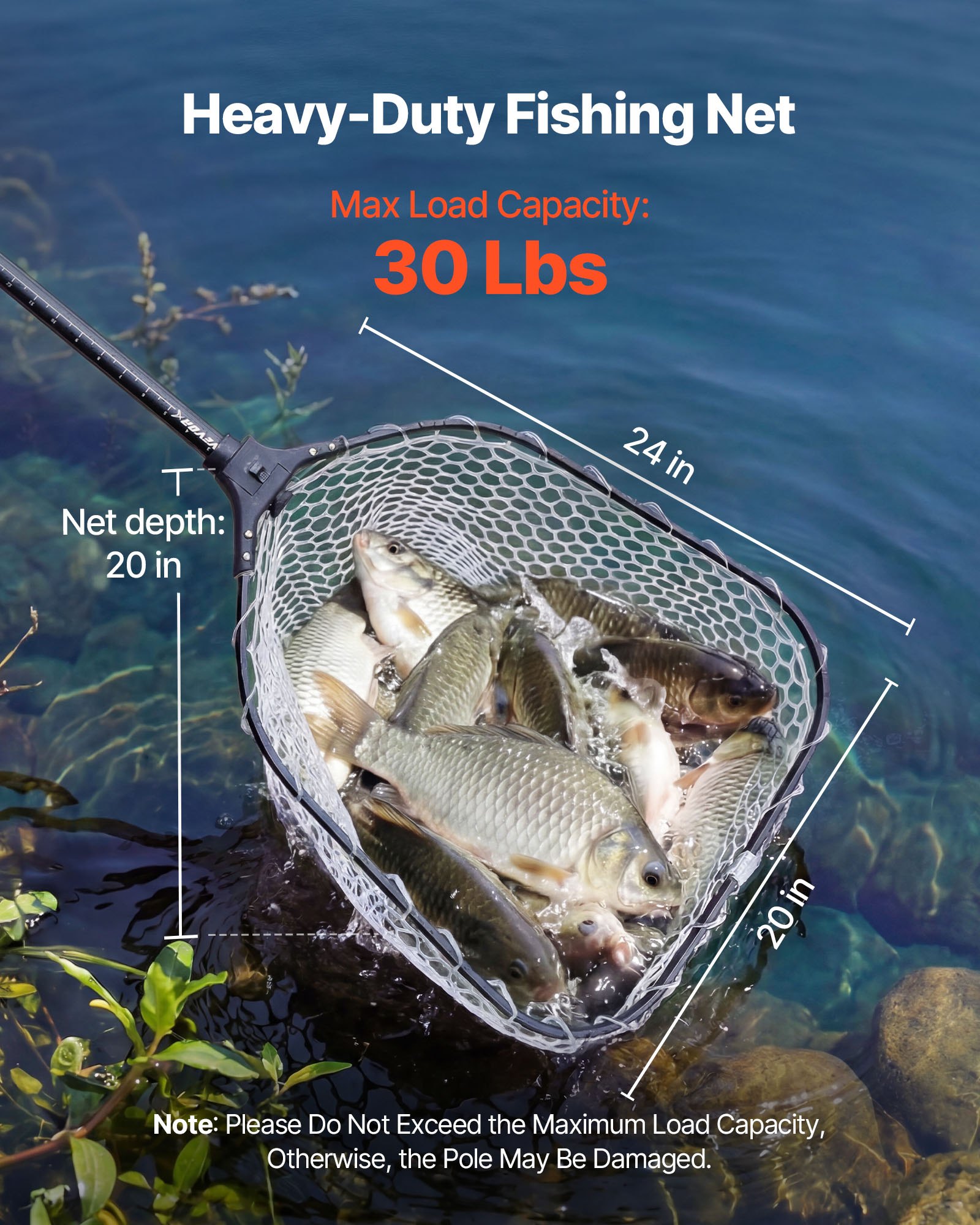 VEVOR Red de Pesca de Aluminio, Red de Aterrizaje de Peces con Malla de Silicona Suave y Mango Telescópico de PE, Ligera y Resistente, Sacadera Soporta hasta 13,6 kg, para Kayak, Barco, Orilla
