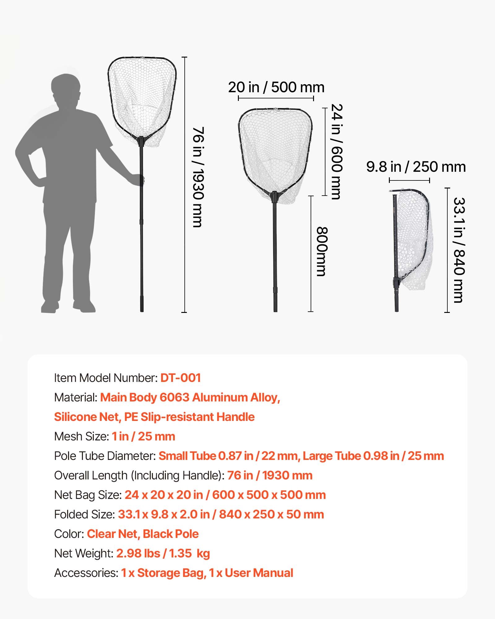 VEVOR Red de Pesca de Aluminio, Red de Aterrizaje de Peces con Malla de Silicona Suave y Mango Telescópico de PE, Ligera y Resistente, Sacadera Soporta hasta 13,6 kg, para Kayak, Barco, Orilla