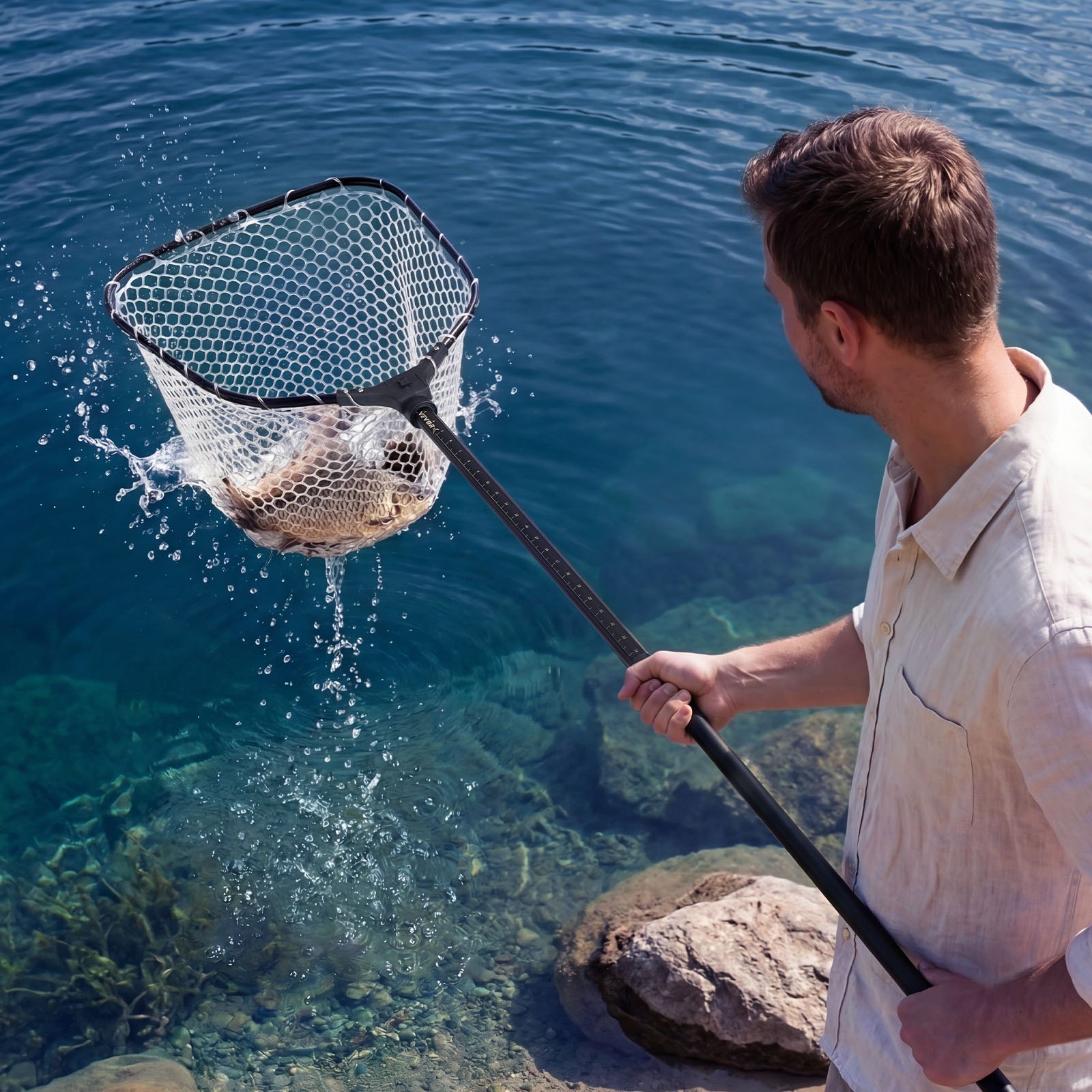 VEVOR Red de Pesca de Aluminio, Red de Aterrizaje de Peces con Malla de Silicona Suave y Mango Telescópico de PE, Ligera y Resistente, Sacadera Soporta hasta 13,6 kg, para Kayak, Barco, Orilla