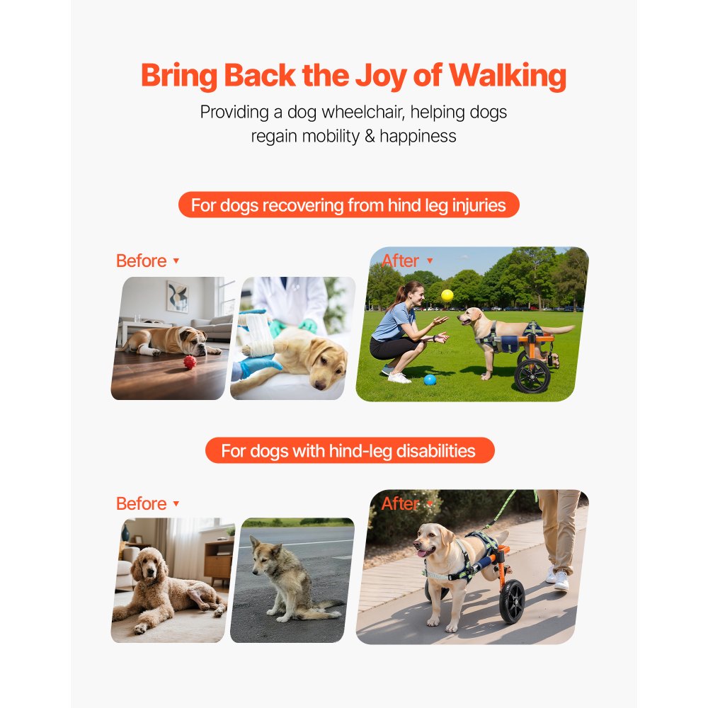 VEVOR Silla de Ruedas para Perros para Patas Traseras, Ajustable en Altura, Anchura y Longitud, Marco Ligero, Carrito de Asistencia para Perros Lesionados Discapacitados de 15,88-21,77 kg Tamaño M,