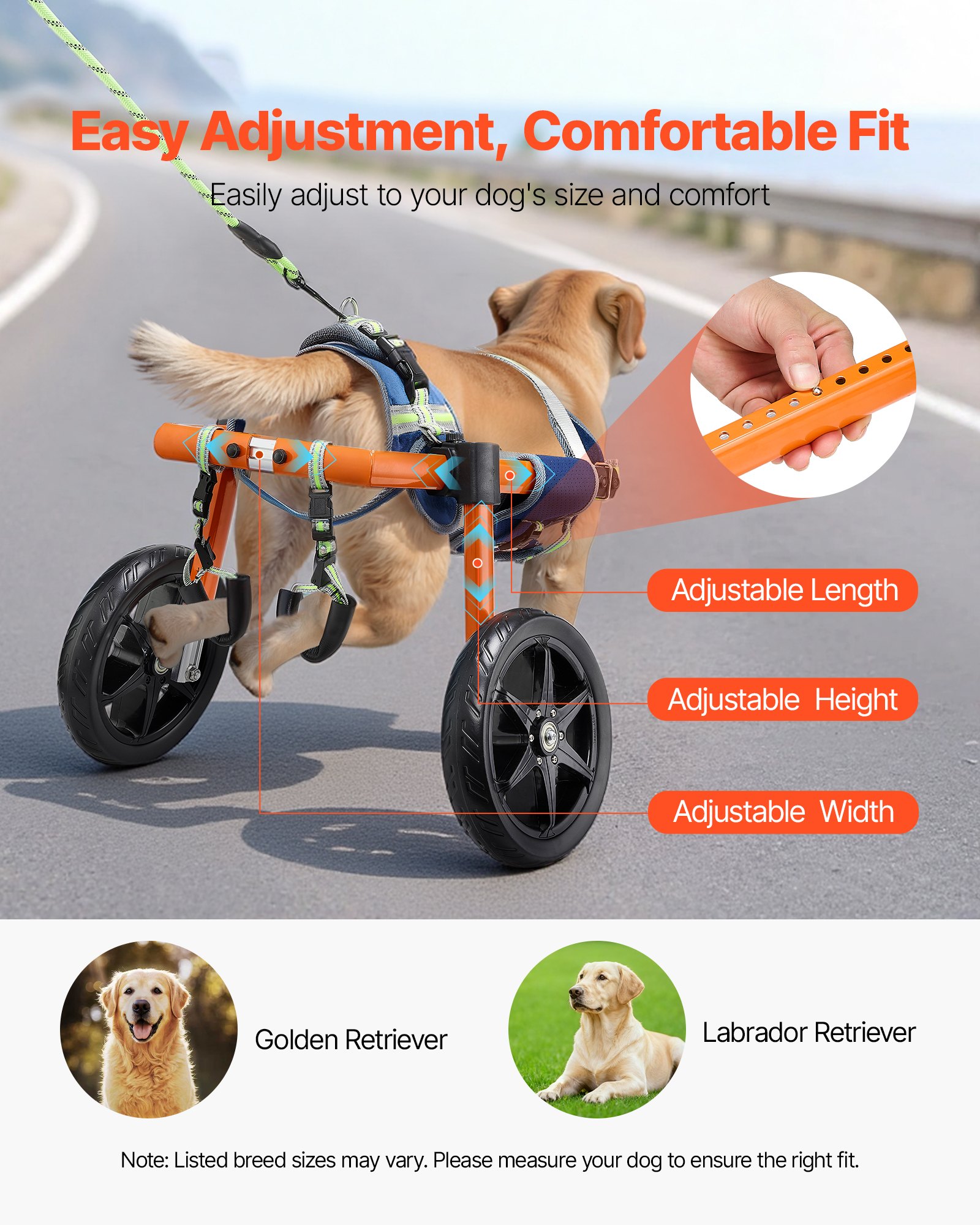 VEVOR Silla de Ruedas para Perros para Patas Traseras, Ajustable en Altura, Anchura y Longitud, Marco Ligero, Carrito de Asistencia para Perros Lesionados Discapacitados de 15,88-21,77 kg Tamaño M,