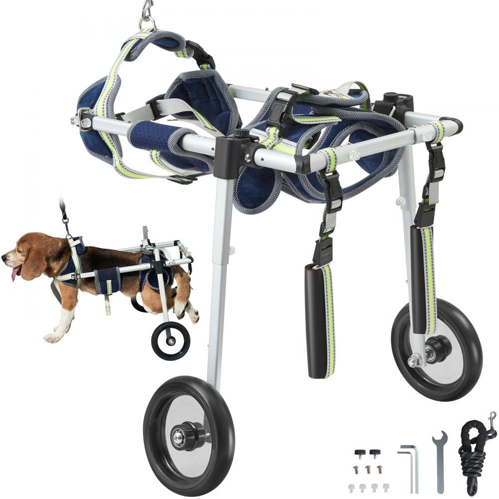 Silla de ruedas para perros VEVOR con correas ajustables, ruedas de apoyo y herramientas que ayudan a la movilidad de un beagle.