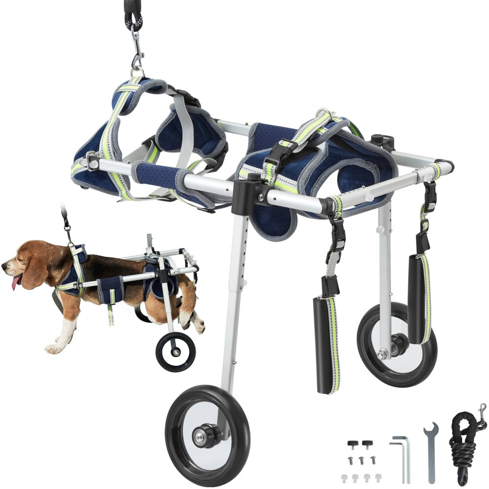 Silla de ruedas para perros VEVOR con arnés ajustable, ruedas de apoyo traseras y herramientas incluidas.