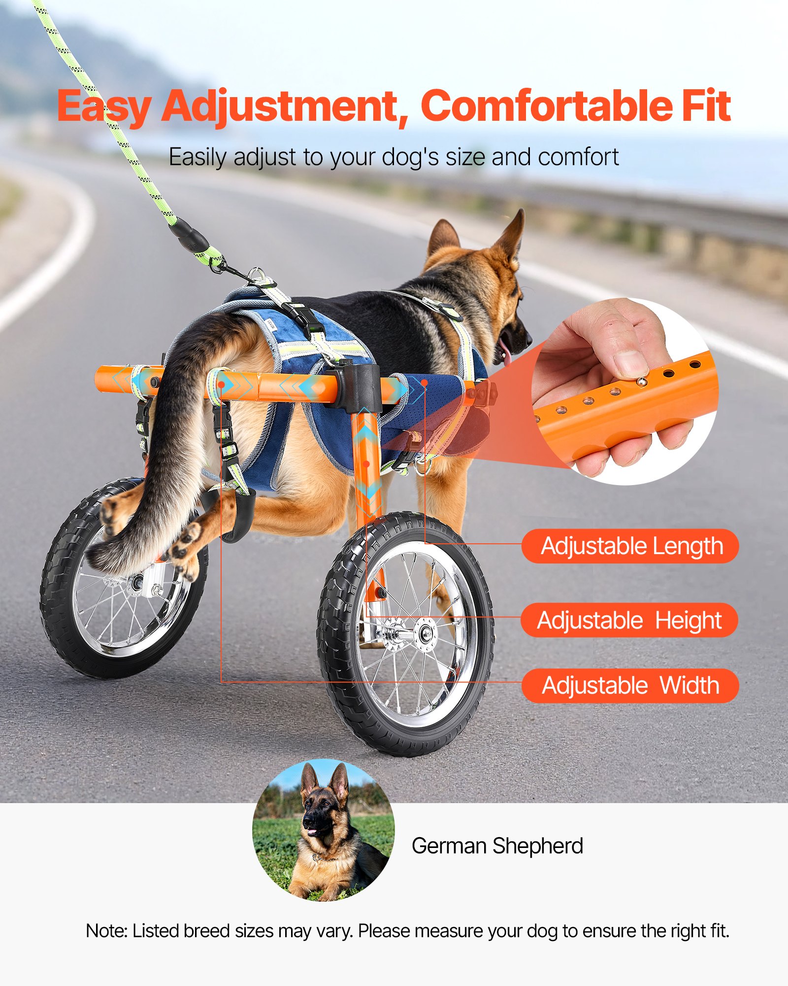VEVOR Dog Wheelchair for Back Legs, Lightweight 2 Wheels Pet Wheelchair, Height, Width & Length Adjustable, Dog Cart with Shock-Absorbing Wheels, for Injured, Disabled Dogs 21.7-39.9 kg, Large