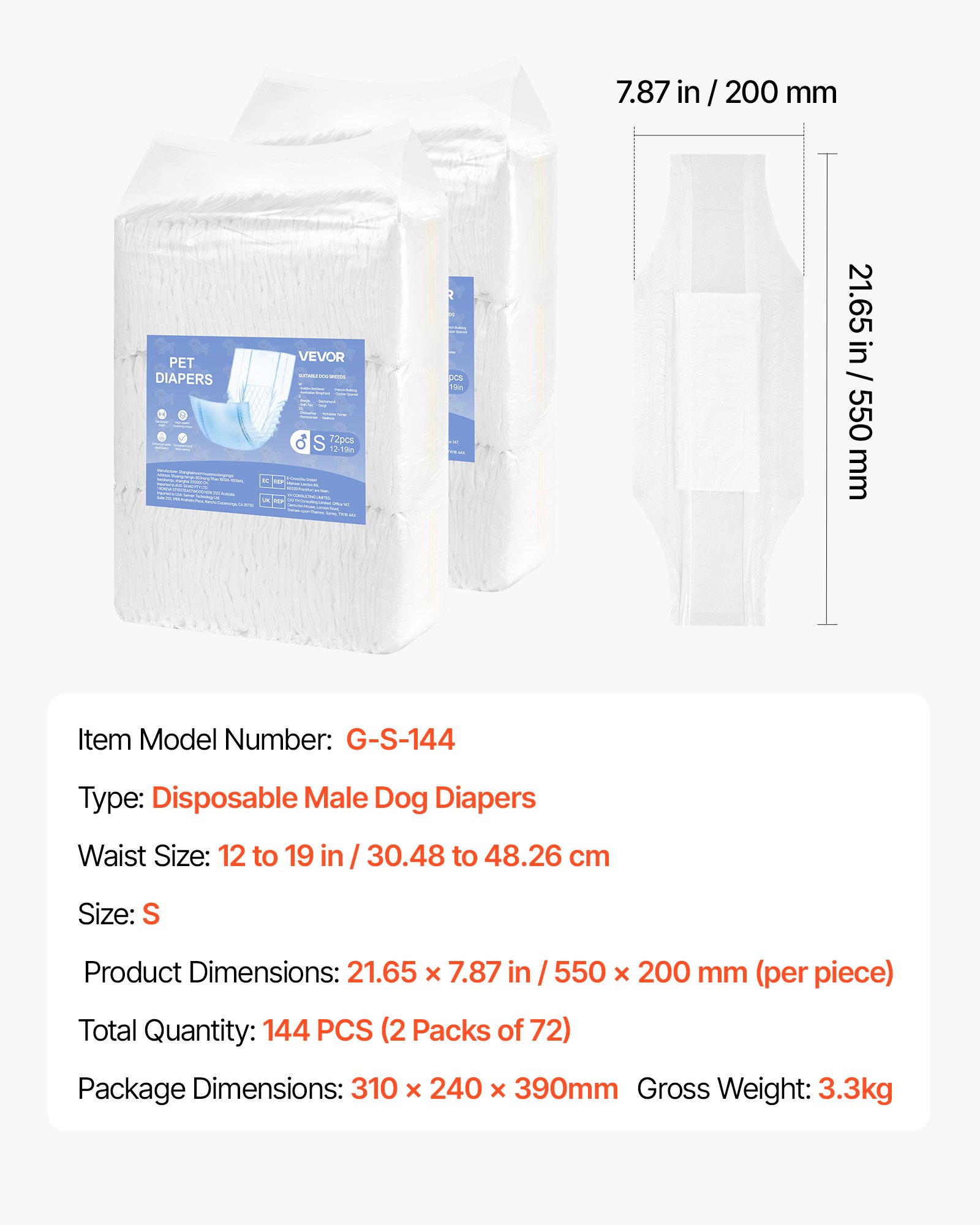 VEVOR Pañales Desechables para Perros Machos en Celo, Adiestramiento, Superabsorbentes, con Banda Abdominal a Prueba de Fugas 360° e Indicador de Humedad, Talla S, 144 uds, 550 x 200 mm por Pieza