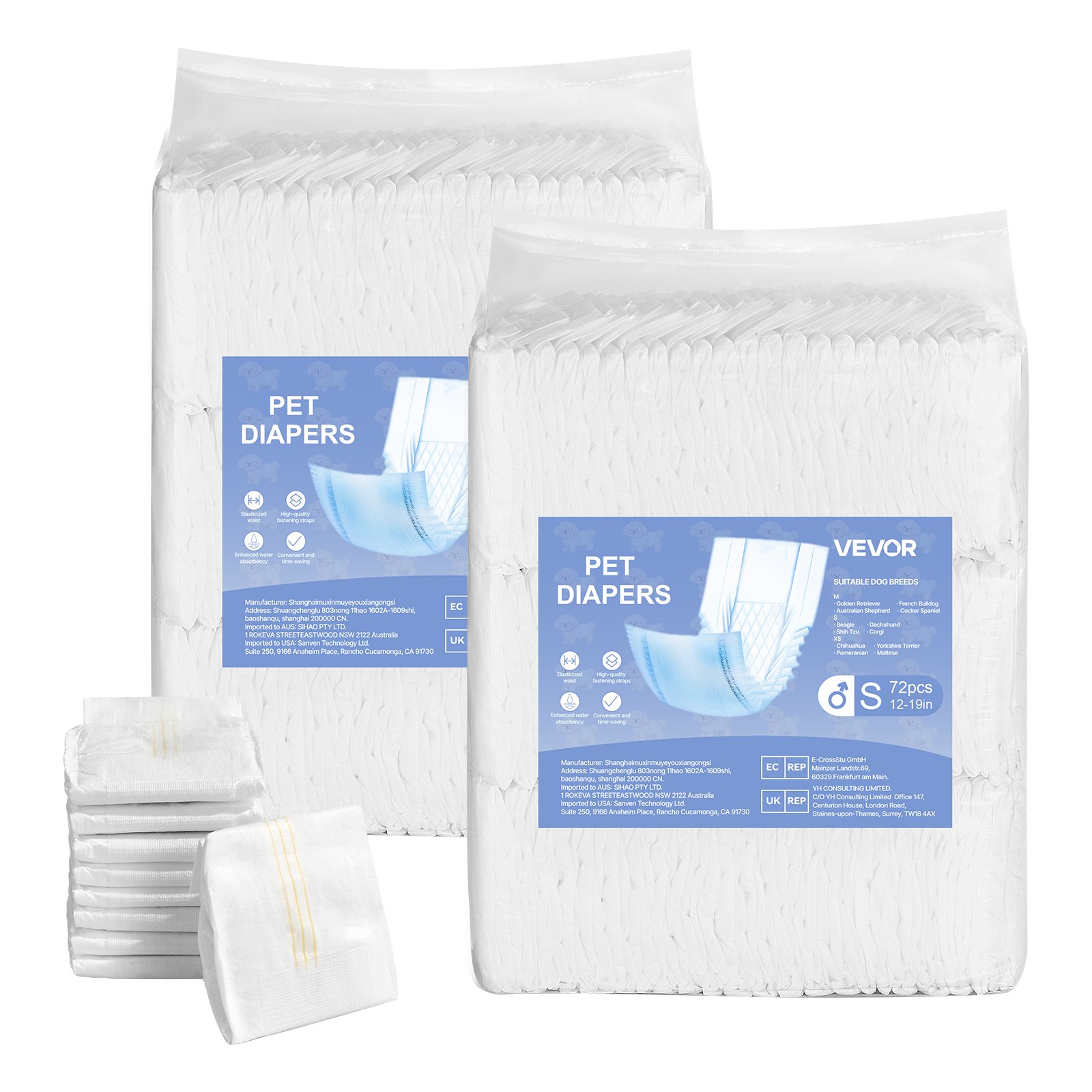 VEVOR Pañales Desechables para Perros Machos en Celo, Adiestramiento, Superabsorbentes, con Banda Abdominal a Prueba de Fugas 360° e Indicador de Humedad, Talla S, 144 uds, 550 x 200 mm por Pieza