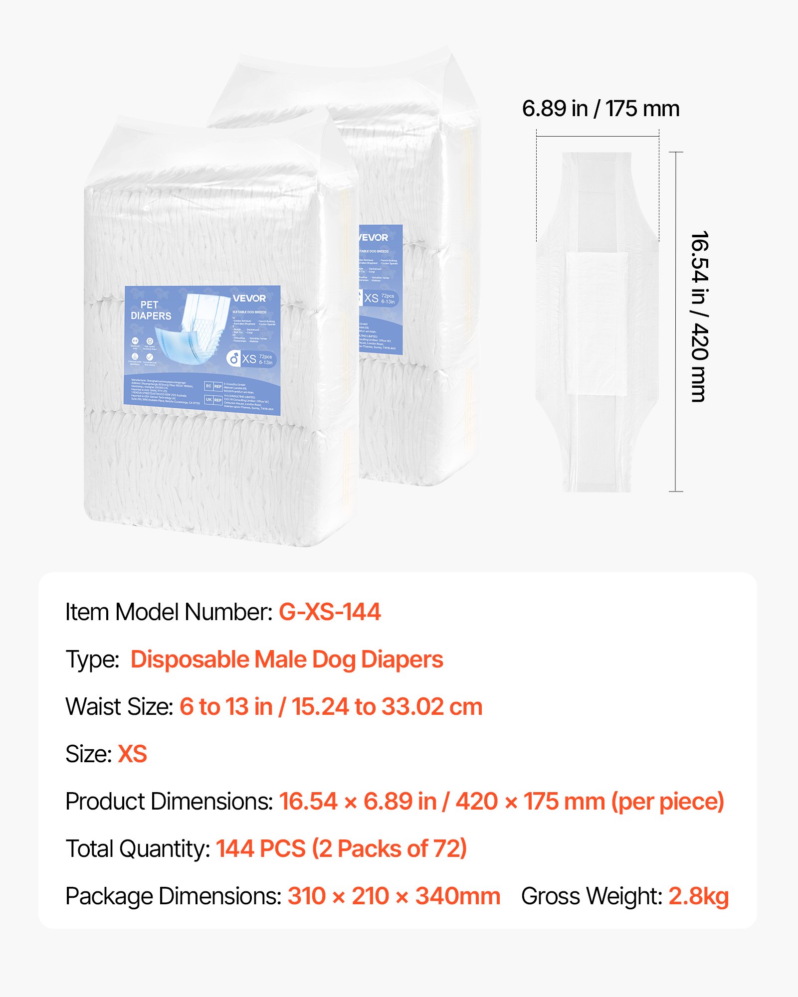 VEVOR Pañales Desechables para Perros Machos en Celo, Adiestramiento, Superabsorbentes, con Banda Abdominal a Prueba de Fugas 360° e Indicador de Humedad, Talla XS, 144 uds, 420 x 175 mm por Pieza