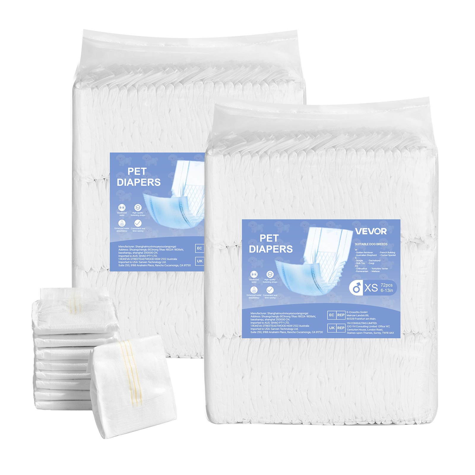 VEVOR Pañales Desechables para Perros Machos en Celo, Adiestramiento, Superabsorbentes, con Banda Abdominal a Prueba de Fugas 360° e Indicador de Humedad, Talla XS, 144 uds, 420 x 175 mm por Pieza