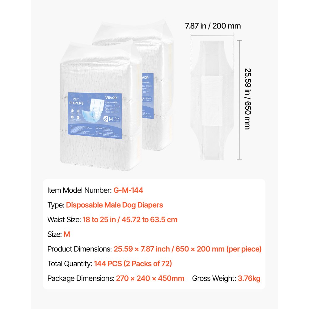 VEVOR Pañales Desechables para Perros Machos en Celo, Adiestramiento, Superabsorbentes, con Banda Abdominal a Prueba de Fugas 360° e Indicador de Humedad, Talla M, 144 uds, 650 x 200 mm por Pieza