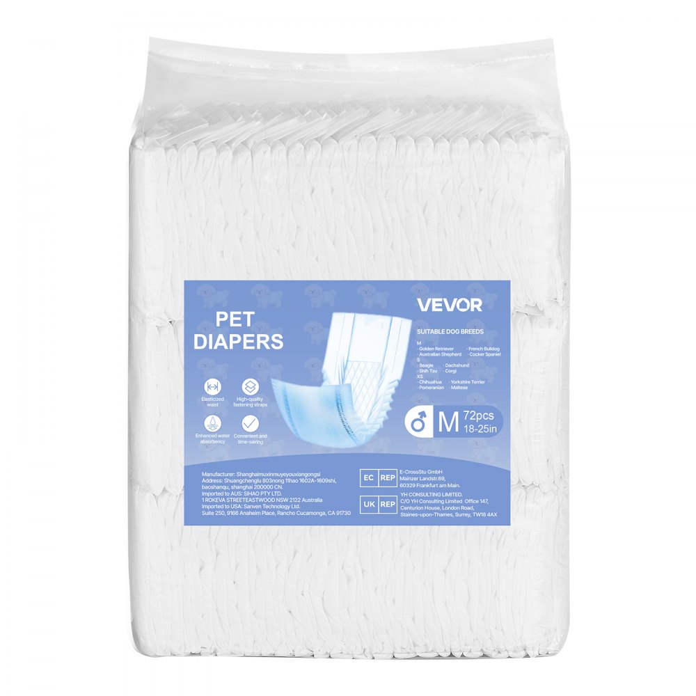 VEVOR Pañales Desechables para Perros Machos en Celo, Adiestramiento, Superabsorbentes, con Banda Abdominal a Prueba de Fugas 360° e Indicador de Humedad, Talla M, 144 uds, 650 x 200 mm por Pieza