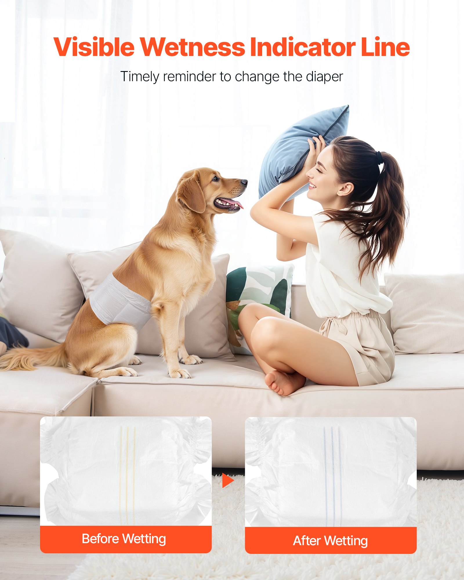 VEVOR Pañales Desechables para Perros Machos en Celo, Adiestramiento, Superabsorbentes, con Banda Abdominal a Prueba de Fugas 360° e Indicador de Humedad, Talla M, 144 uds, 650 x 200 mm por Pieza