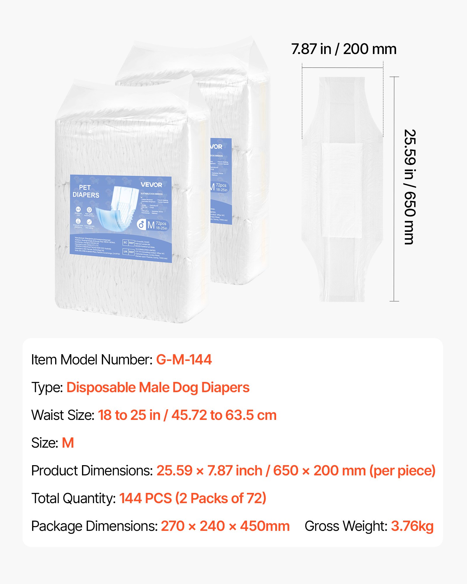 VEVOR Pañales Desechables para Perros Machos en Celo, Adiestramiento, Superabsorbentes, con Banda Abdominal a Prueba de Fugas 360° e Indicador de Humedad, Talla M, 144 uds, 650 x 200 mm por Pieza
