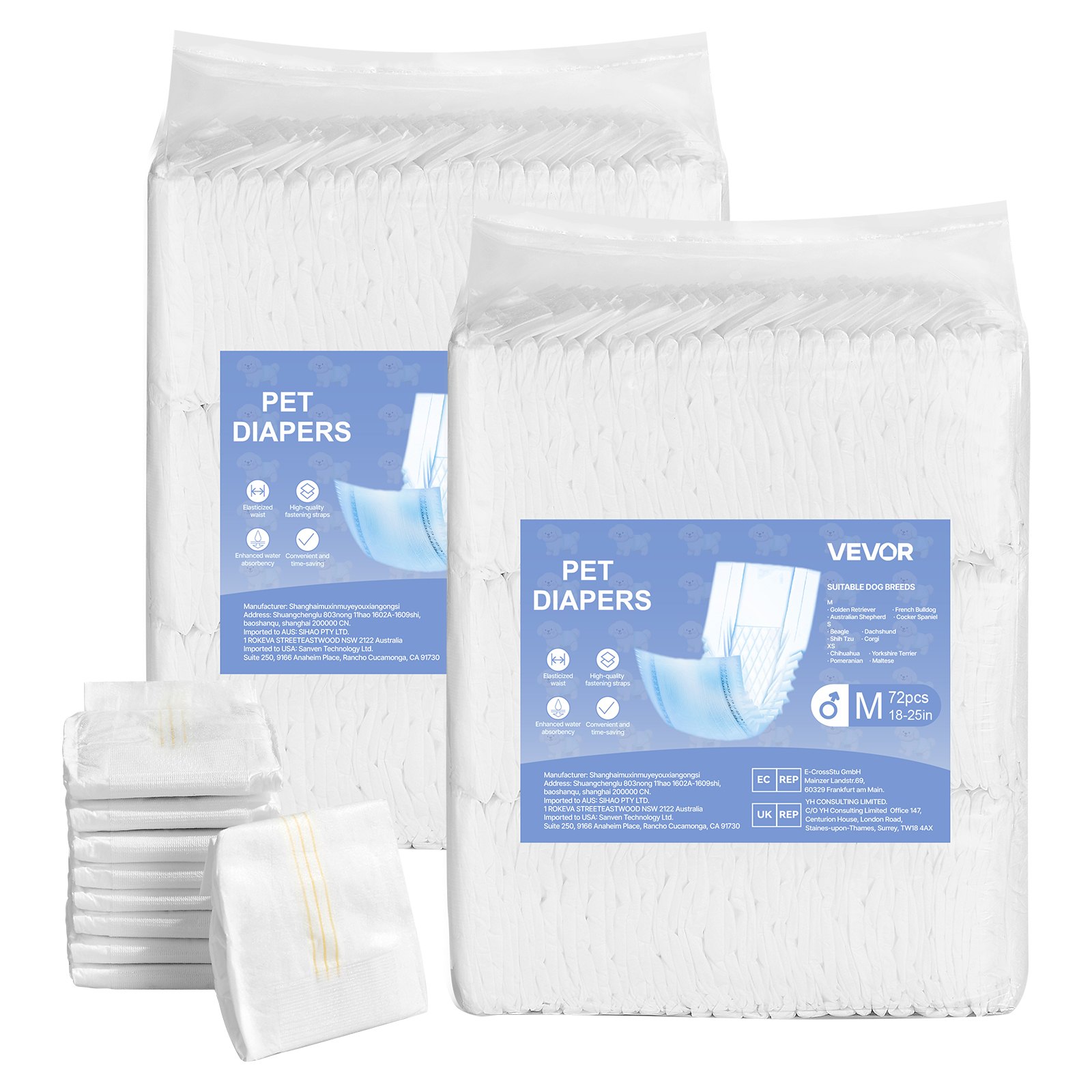 VEVOR Pañales Desechables para Perros Machos en Celo, Adiestramiento, Superabsorbentes, con Banda Abdominal a Prueba de Fugas 360° e Indicador de Humedad, Talla M, 144 uds, 650 x 200 mm por Pieza