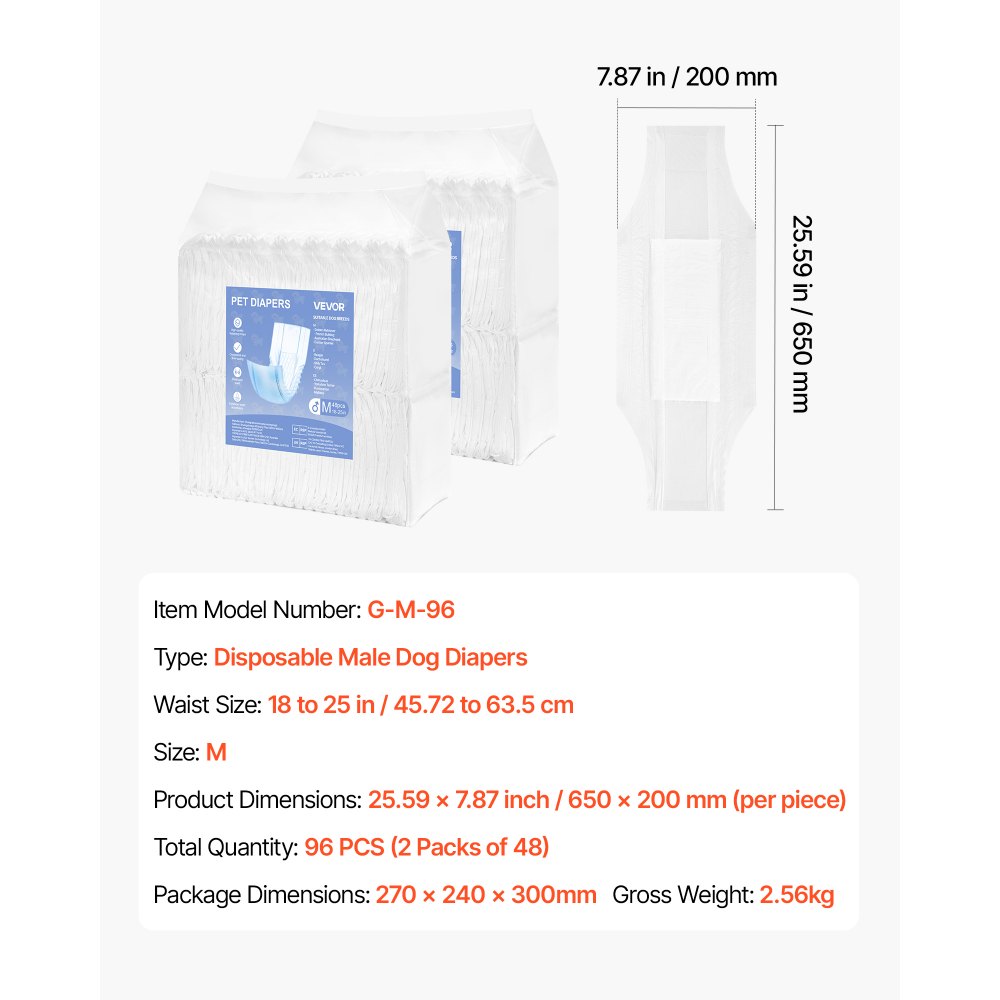 VEVOR Pañales Desechables para Perros Machos en Celo, Adiestramiento, Superabsorbentes, con Banda Abdominal a Prueba de Fugas 360° e Indicador de Humedad, Talla M, 96 uds, 650 x 200 mm por Pieza