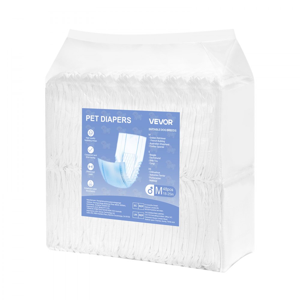 VEVOR Pañales Desechables para Perros Machos en Celo, Adiestramiento, Superabsorbentes, con Banda Abdominal a Prueba de Fugas 360° e Indicador de Humedad, Talla M, 96 uds, 650 x 200 mm por Pieza