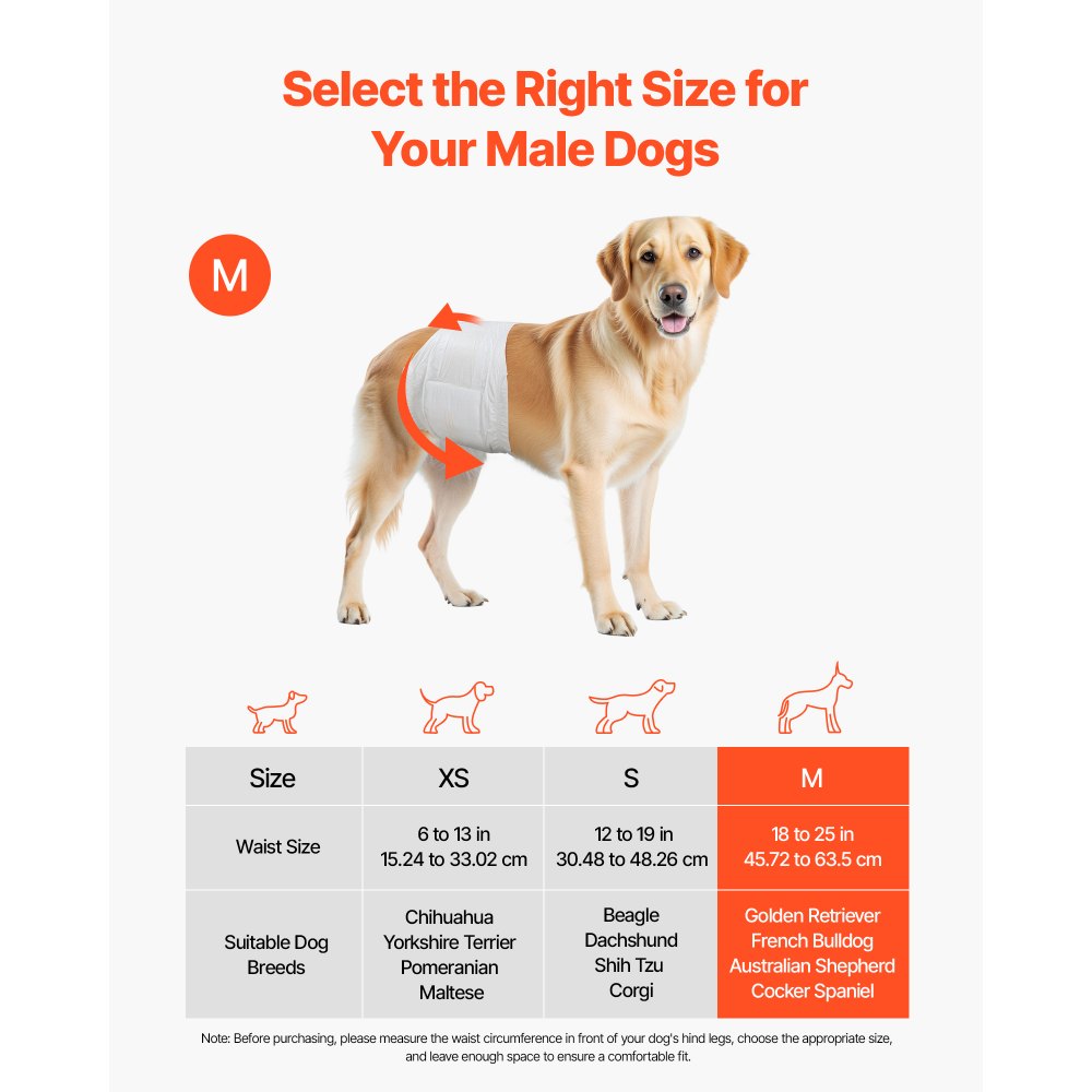 VEVOR Pañales Desechables para Perros Machos en Celo, Adiestramiento, Superabsorbentes, con Banda Abdominal a Prueba de Fugas 360° e Indicador de Humedad, Talla M, 96 uds, 650 x 200 mm por Pieza