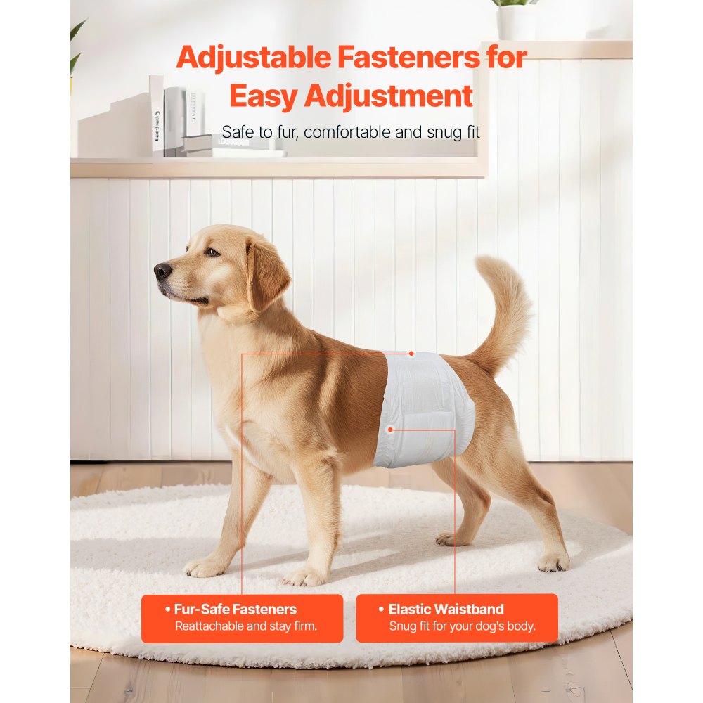VEVOR Pañales Desechables para Perros Machos en Celo, Adiestramiento, Superabsorbentes, con Banda Abdominal a Prueba de Fugas 360° e Indicador de Humedad, Talla M, 96 uds, 650 x 200 mm por Pieza
