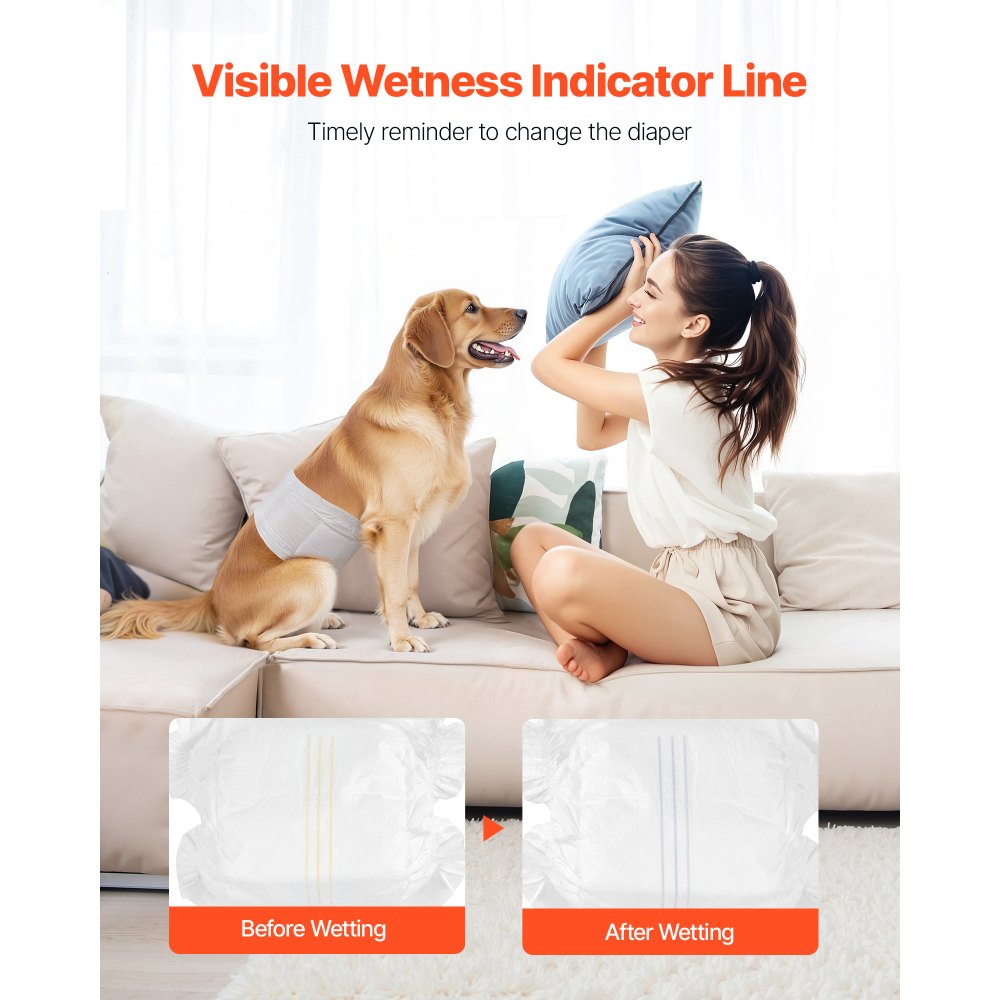 VEVOR Pañales Desechables para Perros Machos en Celo, Adiestramiento, Superabsorbentes, con Banda Abdominal a Prueba de Fugas 360° e Indicador de Humedad, Talla M, 96 uds, 650 x 200 mm por Pieza