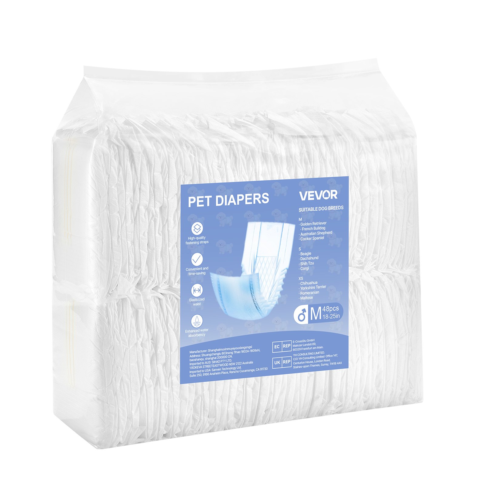 VEVOR Pañales Desechables para Perros Machos en Celo, Adiestramiento, Superabsorbentes, con Banda Abdominal a Prueba de Fugas 360° e Indicador de Humedad, Talla M, 96 uds, 650 x 200 mm por Pieza