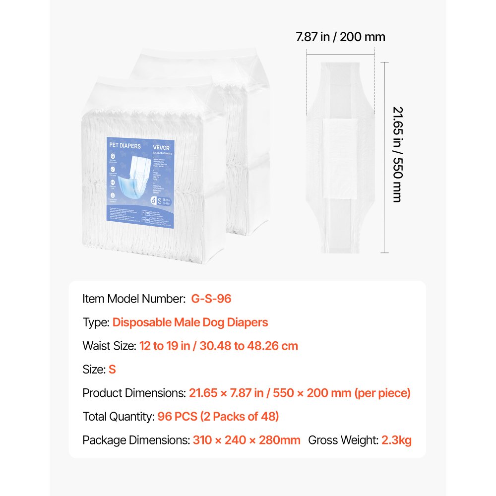 VEVOR Pañales Desechables para Perros Machos en Celo, Adiestramiento, Superabsorbentes, con Banda Abdominal a Prueba de Fugas 360° e Indicador de Humedad, Talla S, 96 uds, 550 x 200 mm por Pieza
