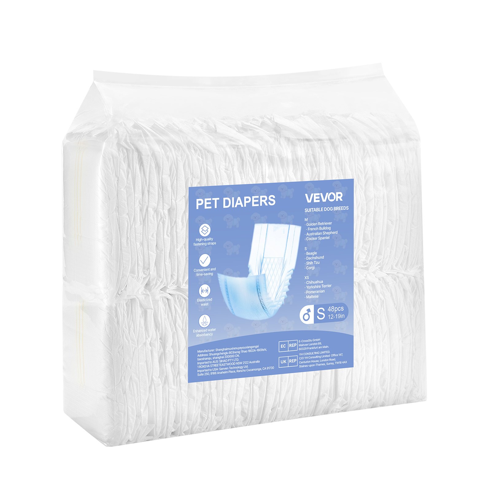 VEVOR Pañales Desechables para Perros Machos en Celo, Adiestramiento, Superabsorbentes, con Banda Abdominal a Prueba de Fugas 360° e Indicador de Humedad, Talla S, 96 uds, 550 x 200 mm por Pieza