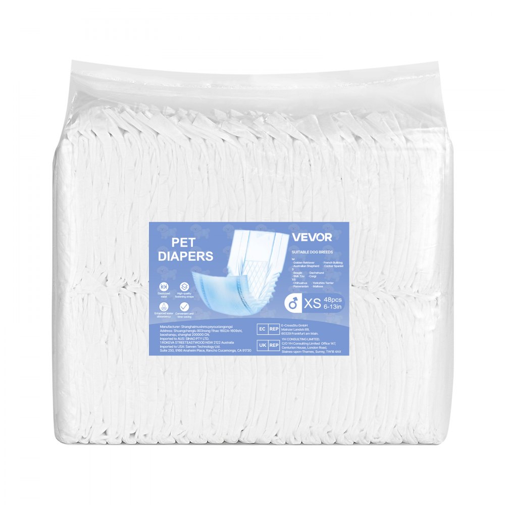 VEVOR Pañales Desechables para Perros Machos en Celo, Adiestramiento, Superabsorbentes, con Banda Abdominal a Prueba de Fugas 360° e Indicador de Humedad, Talla XS, 96 uds, 420 x 175 mm por Pieza