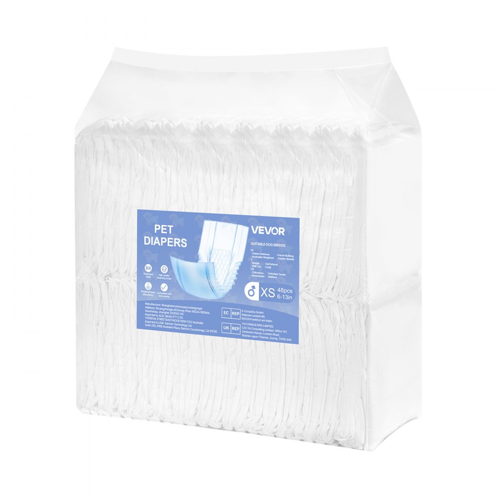 VEVOR Pañales Desechables para Perros Machos en Celo, Adiestramiento, Superabsorbentes, con Banda Abdominal a Prueba de Fugas 360° e Indicador de Humedad, Talla XS, 96 uds, 420 x 175 mm por Pieza