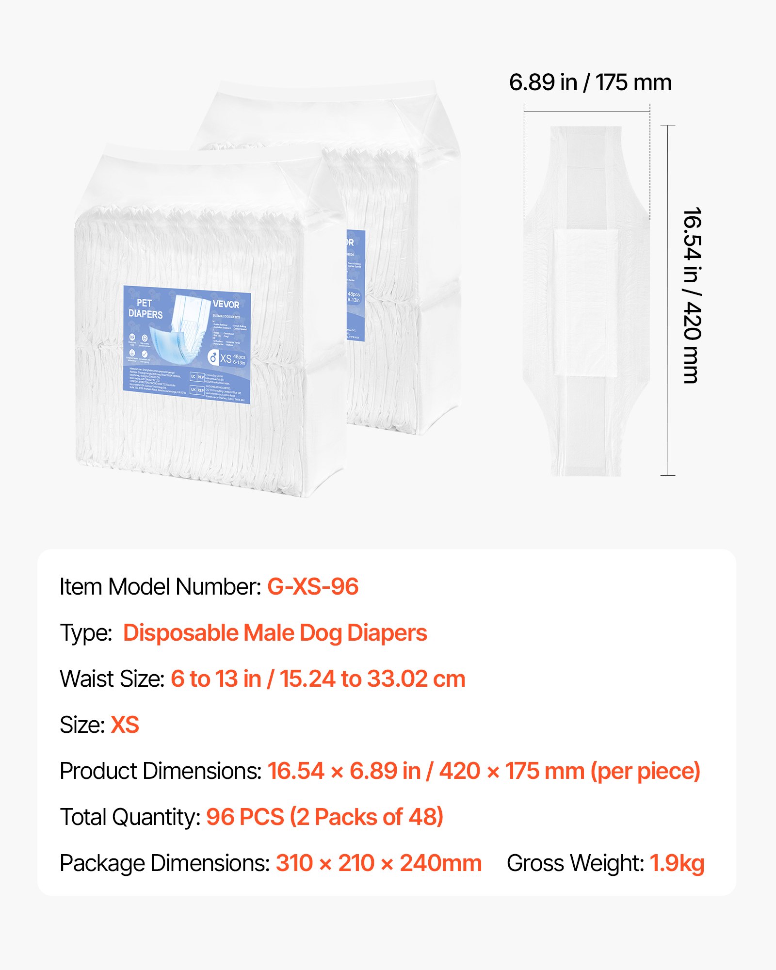 VEVOR Pañales Desechables para Perros Machos en Celo, Adiestramiento, Superabsorbentes, con Banda Abdominal a Prueba de Fugas 360° e Indicador de Humedad, Talla XS, 96 uds, 420 x 175 mm por Pieza