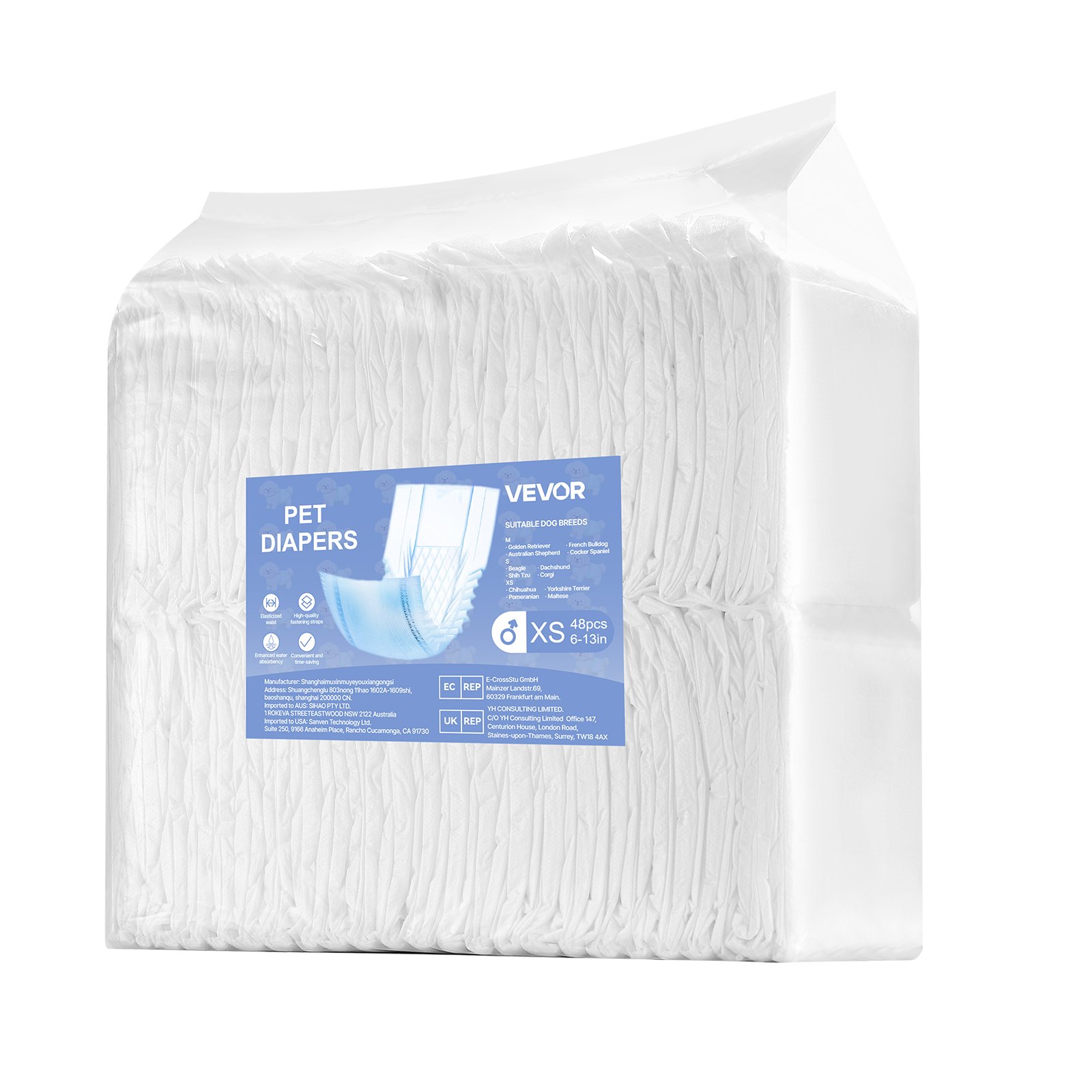 VEVOR Pañales Desechables para Perros Machos en Celo, Adiestramiento, Superabsorbentes, con Banda Abdominal a Prueba de Fugas 360° e Indicador de Humedad, Talla XS, 96 uds, 420 x 175 mm por Pieza