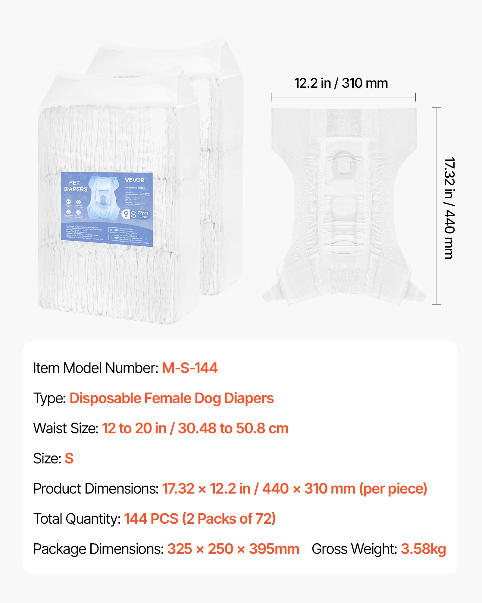 VEVOR Pañales Desechables para Perras, Superabsorbentes, a Prueba de Fugas de 360°, con Indicador de Humedad para Celo, Entrenamiento e Incontinencia, Talla S, 144 uds, 440 x 310 mm por Pieza