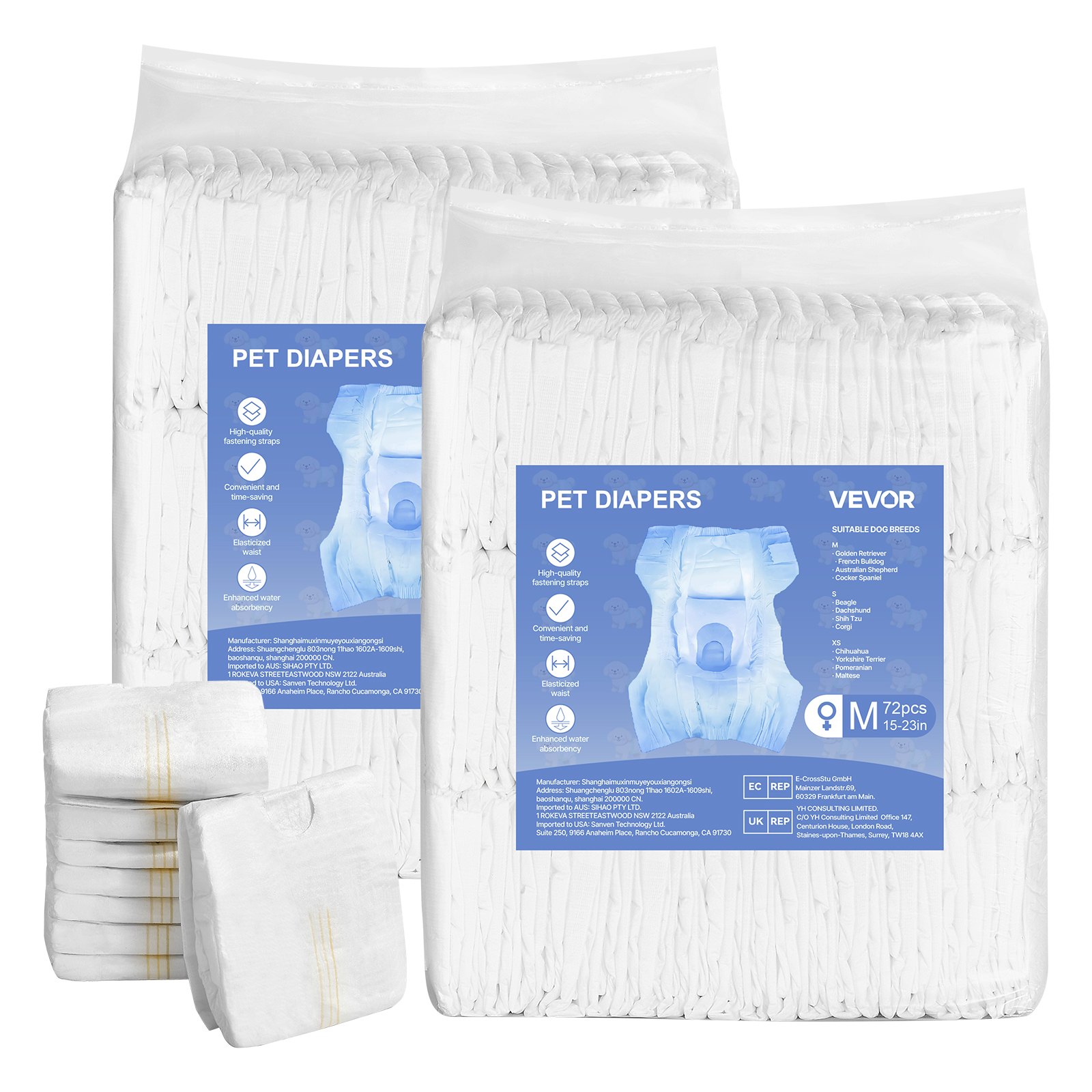 VEVOR Pañales Desechables para Perras, Superabsorbentes, a Prueba de Fugas de 360°, con Indicador de Humedad para Celo, Entrenamiento e Incontinencia, Talla M, 144 uds, 540 x 350 mm por Pieza
