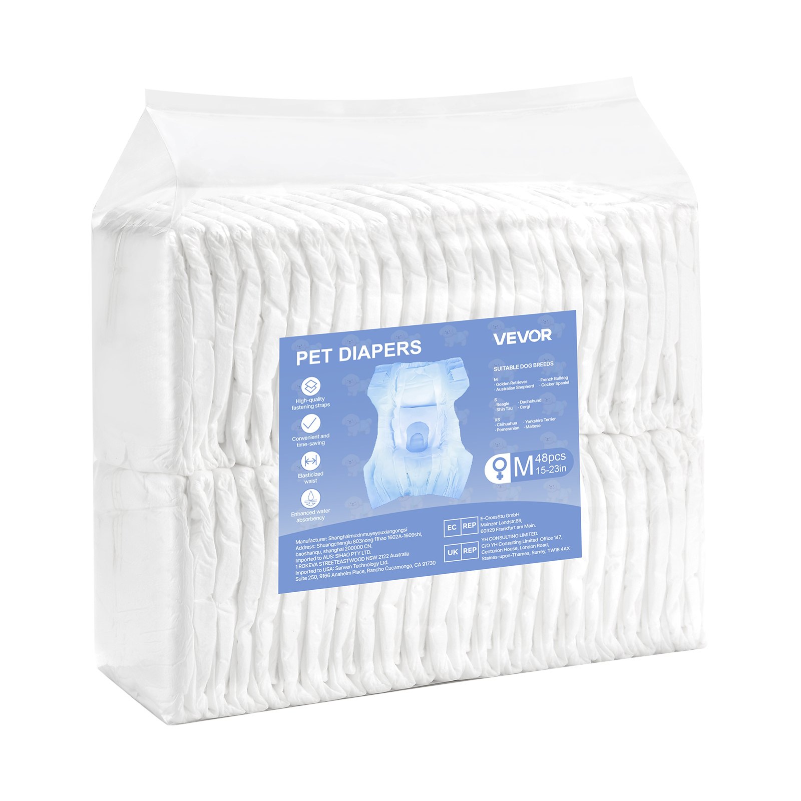 VEVOR Pañales Desechables para Perras, Superabsorbentes, a Prueba de Fugas de 360°, con Indicador de Humedad para Celo, Entrenamiento e Incontinencia, Talla M, 144 uds, 540 x 350 mm por Pieza