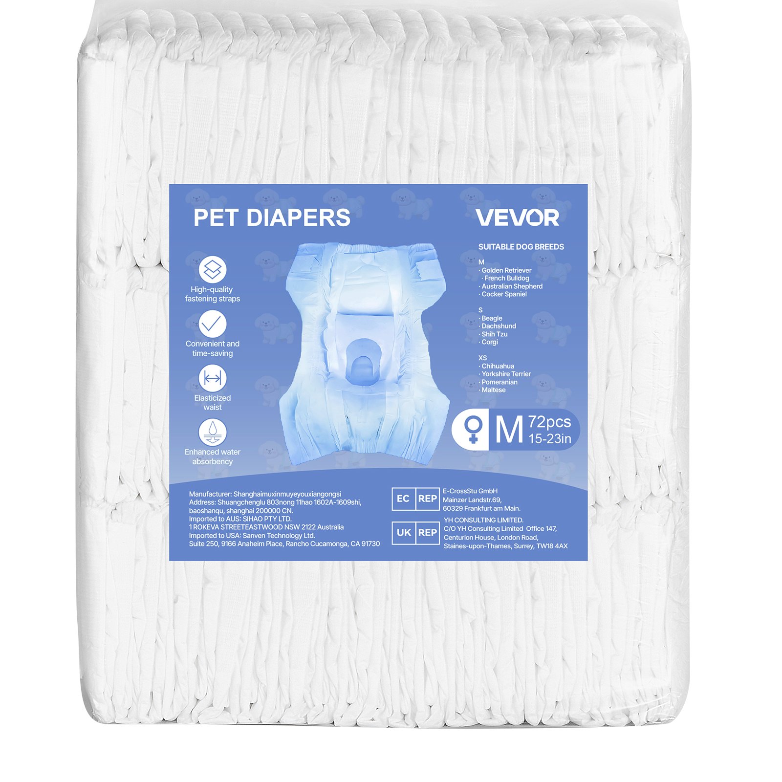 VEVOR Pañales Desechables para Perras, Superabsorbentes, a Prueba de Fugas de 360°, con Indicador de Humedad para Celo, Entrenamiento e Incontinencia, Talla M, 144 uds, 540 x 350 mm por Pieza