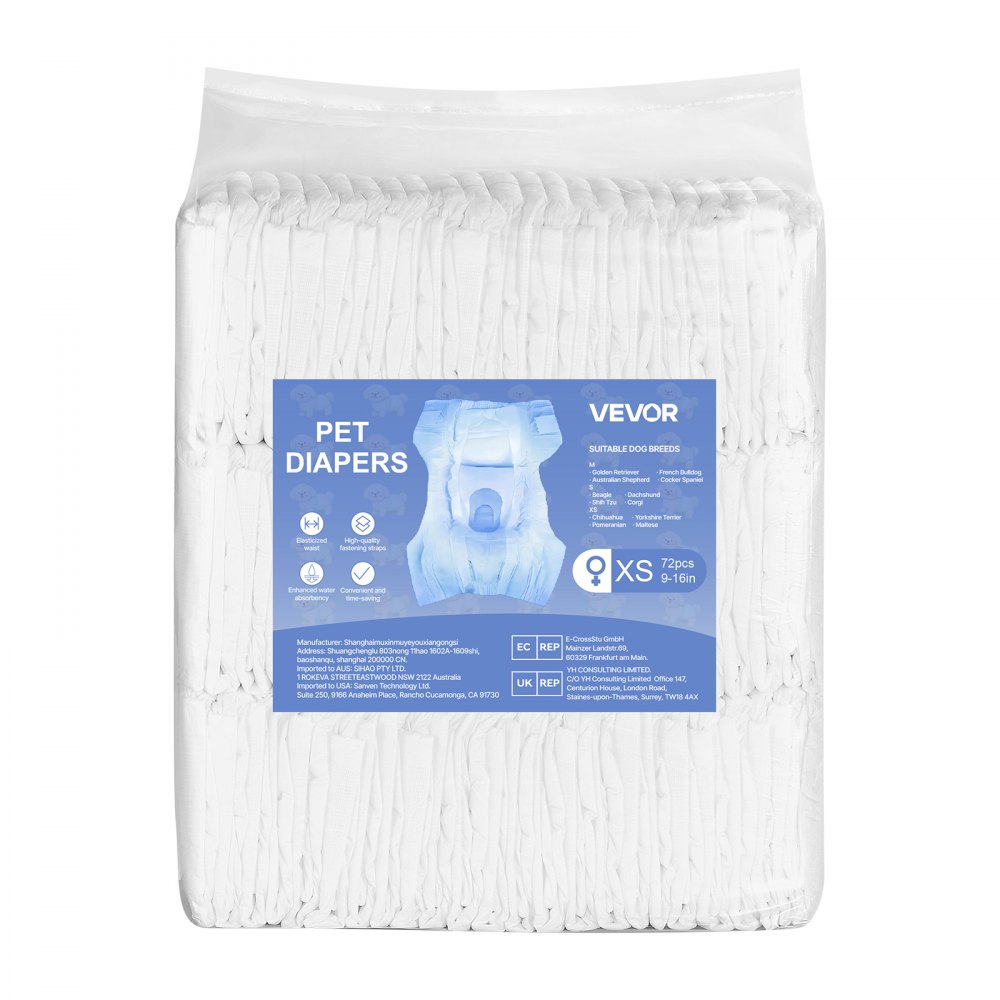 VEVOR Pañales Desechables para Perras, Superabsorbentes, a Prueba de Fugas de 360°, con Indicador de Humedad para Celo, Entrenamiento e Incontinencia, Talla XS, 144 uds, 340 x 280 mm por Pieza
