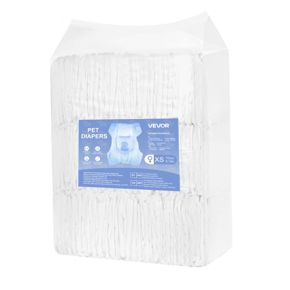 VEVOR Pañales Desechables para Perras, Superabsorbentes, a Prueba de Fugas de 360°, con Indicador de Humedad para Celo, Entrenamiento e Incontinencia, Talla XS, 144 uds, 340 x 280 mm por Pieza