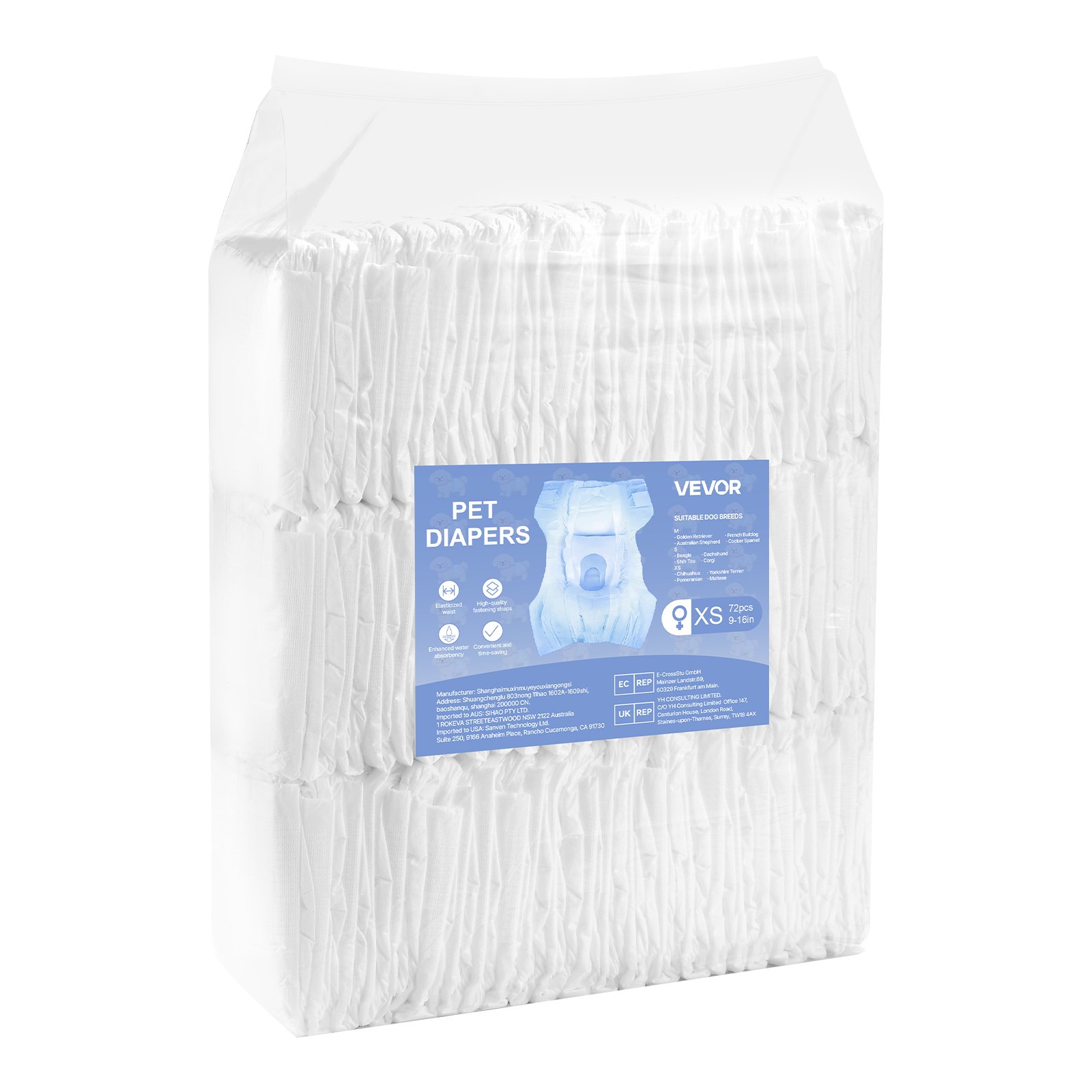 VEVOR Pañales Desechables para Perras, Superabsorbentes, a Prueba de Fugas de 360°, con Indicador de Humedad para Celo, Entrenamiento e Incontinencia, Talla XS, 144 uds, 340 x 280 mm por Pieza