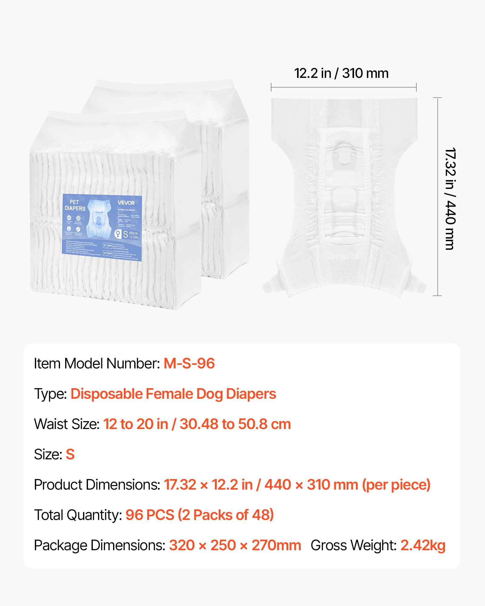 VEVOR Pañales Desechables para Perras, Superabsorbentes, a Prueba de Fugas de 360°, con Indicador de Humedad para Celo, Entrenamiento e Incontinencia, Talla S, 96 uds, 440 x 310 mm por Pieza