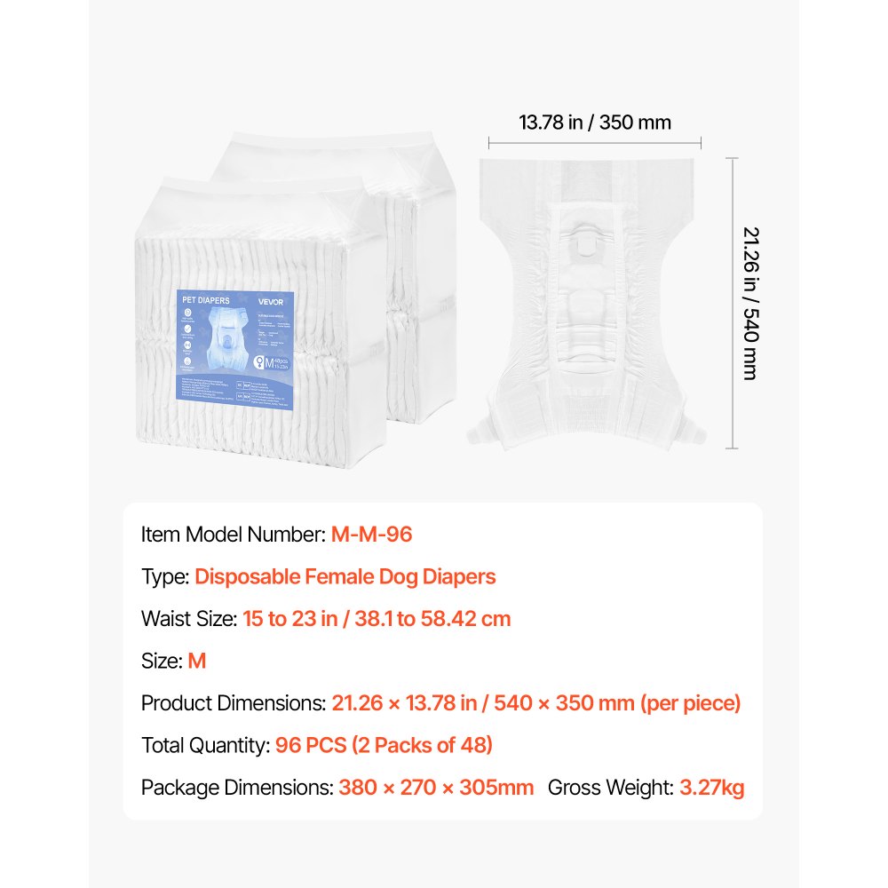 VEVOR Pañales Desechables para Perras, Superabsorbentes, a Prueba de Fugas de 360°, con Indicador de Humedad para Celo, Entrenamiento e Incontinencia, Talla M, 96 uds, 540 x 350 mm por Pieza