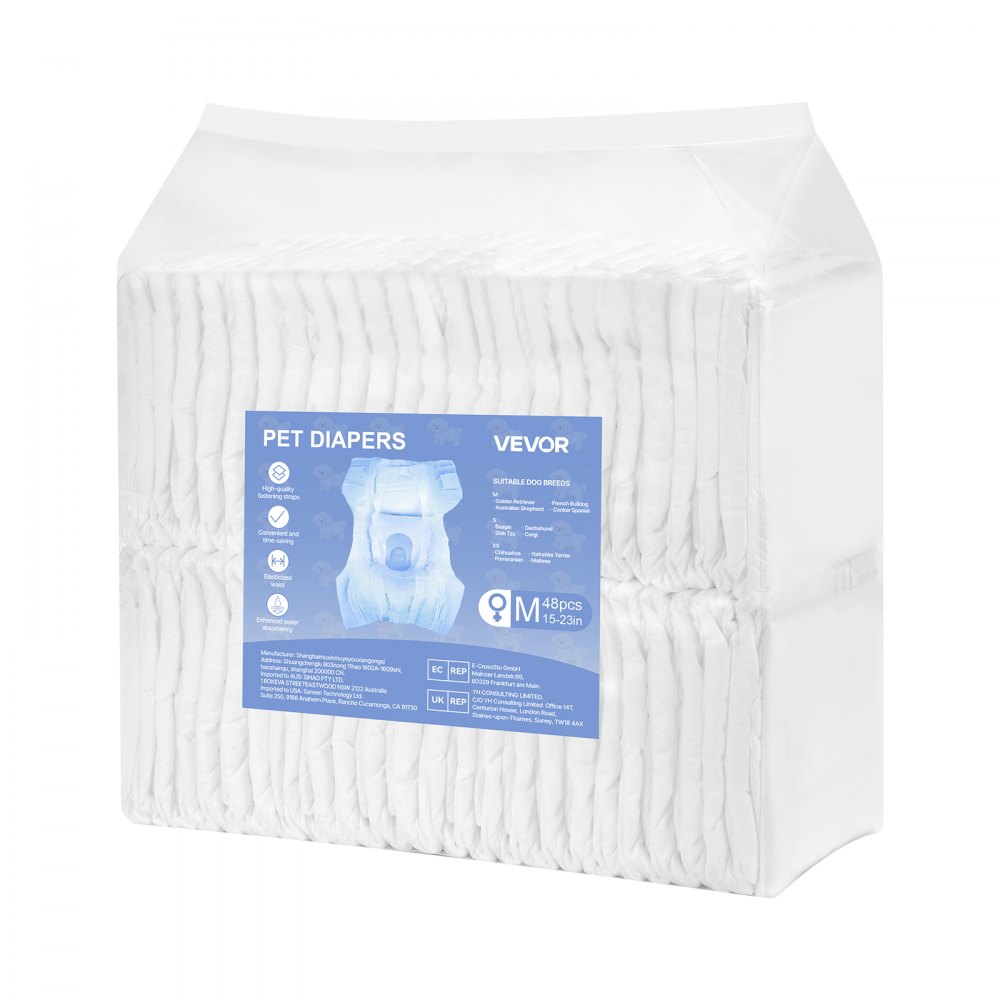 VEVOR Pañales Desechables para Perras, Superabsorbentes, a Prueba de Fugas de 360°, con Indicador de Humedad para Celo, Entrenamiento e Incontinencia, Talla M, 96 uds, 540 x 350 mm por Pieza