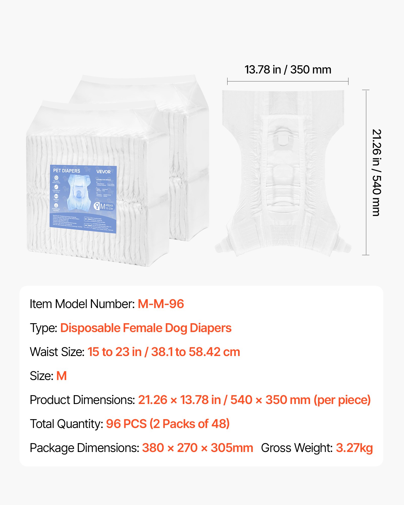 VEVOR Pañales Desechables para Perras, Superabsorbentes, a Prueba de Fugas de 360°, con Indicador de Humedad para Celo, Entrenamiento e Incontinencia, Talla M, 96 uds, 540 x 350 mm por Pieza