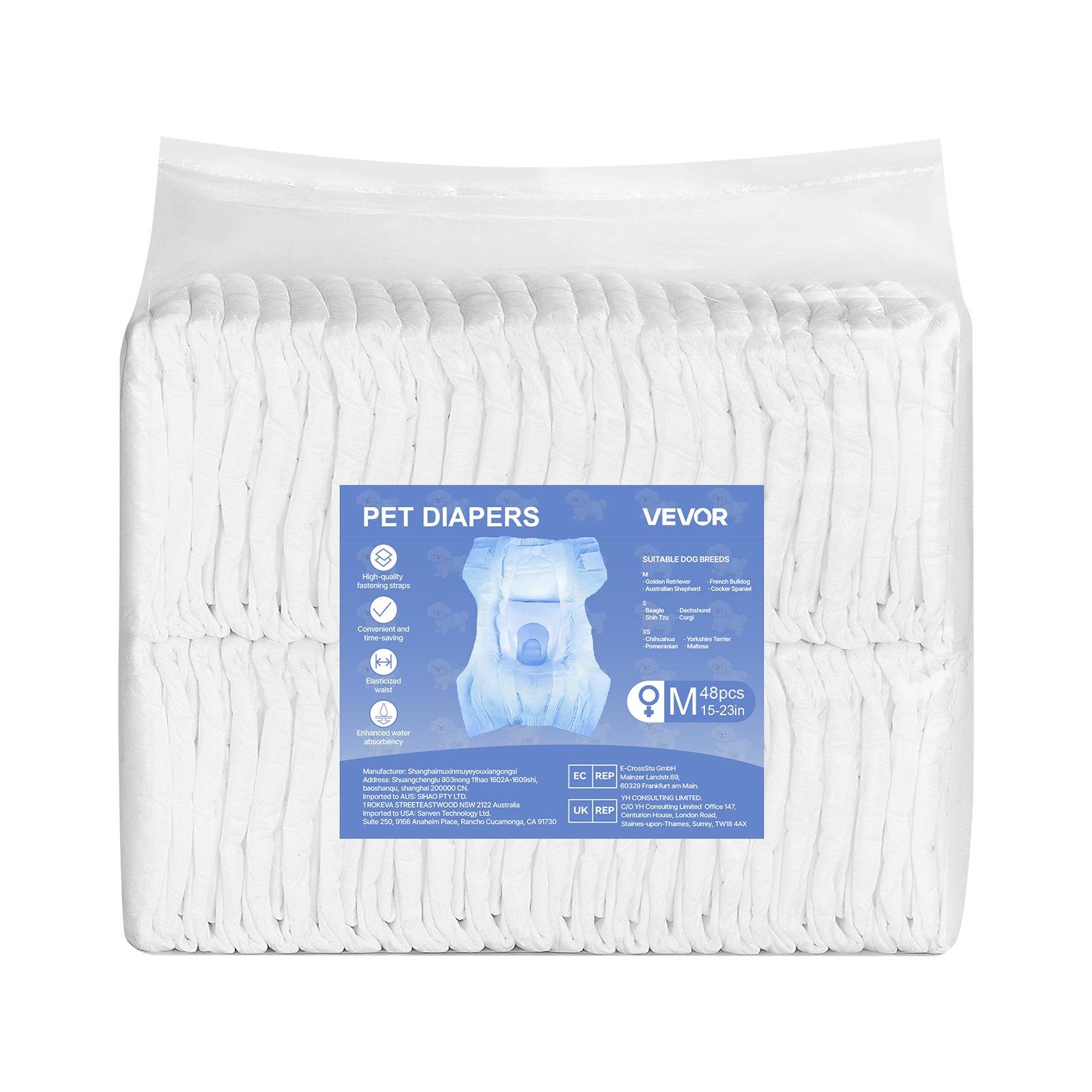 VEVOR Pañales Desechables para Perras, Superabsorbentes, a Prueba de Fugas de 360°, con Indicador de Humedad para Celo, Entrenamiento e Incontinencia, Talla M, 96 uds, 540 x 350 mm por Pieza