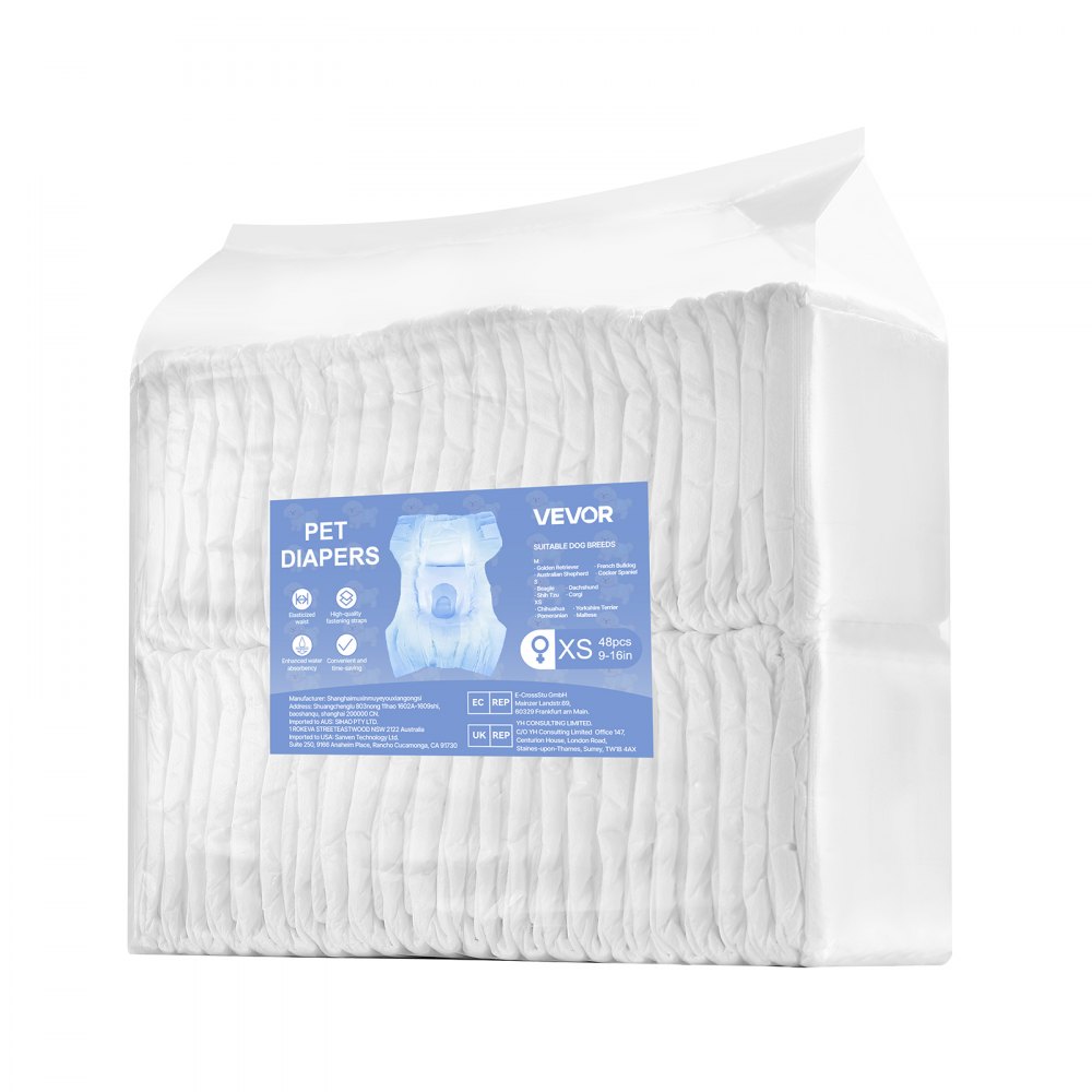 VEVOR Pañales Desechables para Perras, Superabsorbentes, a Prueba de Fugas de 360°, con Indicador de Humedad para Celo, Entrenamiento e Incontinencia, Talla XS, 96 uds, 340 x 280 mm por Pieza