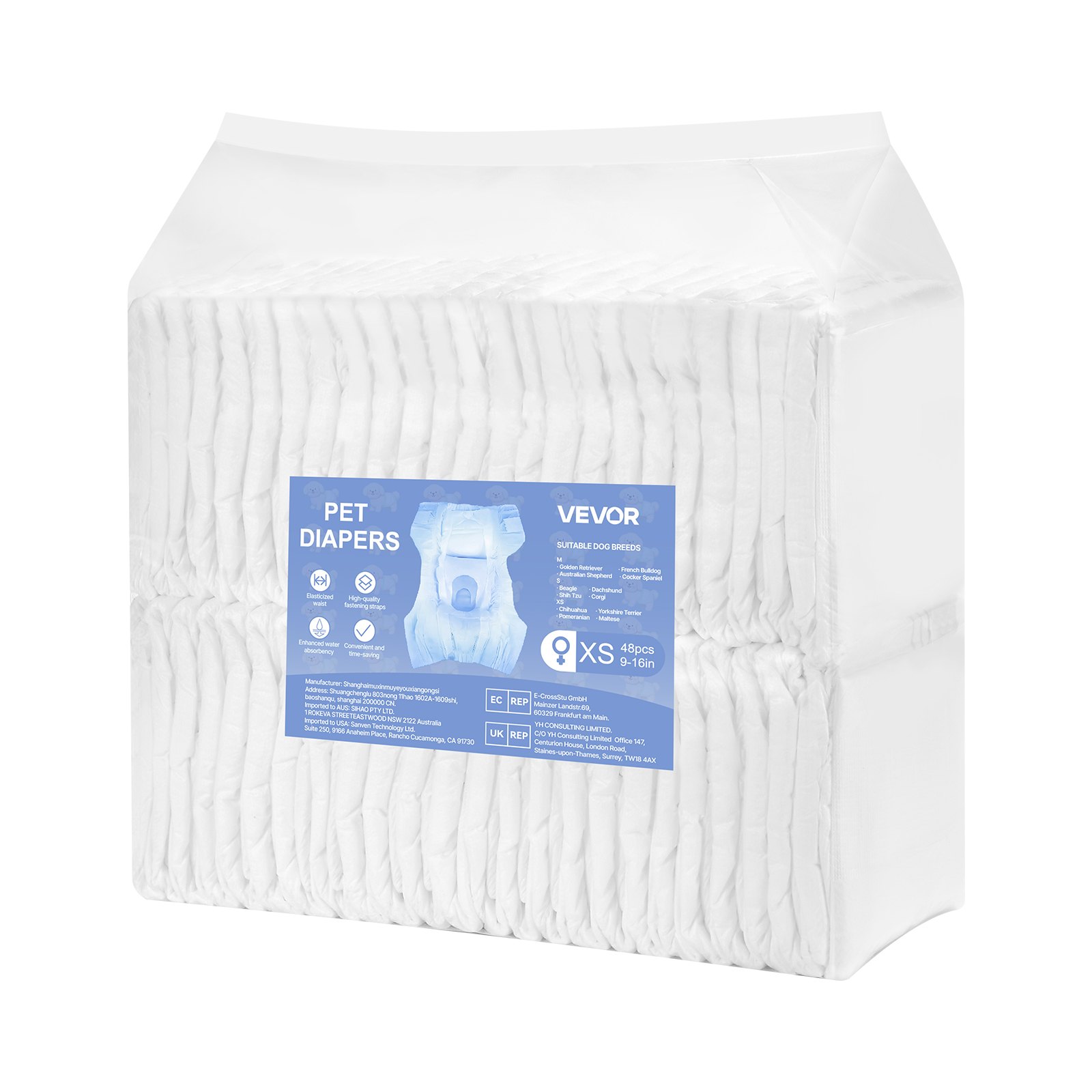 VEVOR Pañales Desechables para Perras, Superabsorbentes, a Prueba de Fugas de 360°, con Indicador de Humedad para Celo, Entrenamiento e Incontinencia, Talla XS, 96 uds, 340 x 280 mm por Pieza