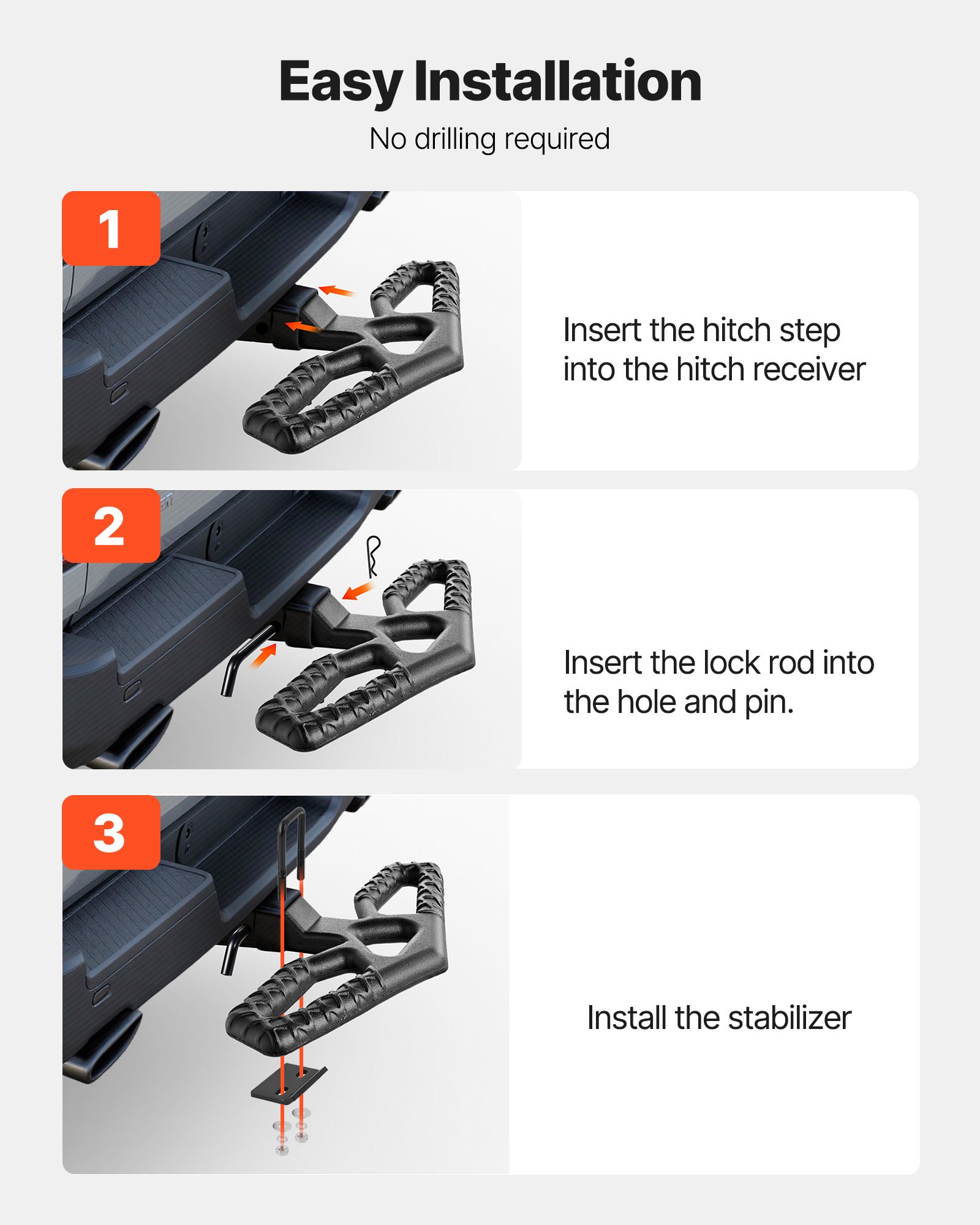 VEVOR Hitch Step for 5 cm Receiver, Universal Rear Bumper Guard Protector with 159 kg Load Capacity, Wide & Non-Slip Tow Hitch Step with Pin Kit and Stabilizer, Fit for Truck, SUV, Pickup, Trailer