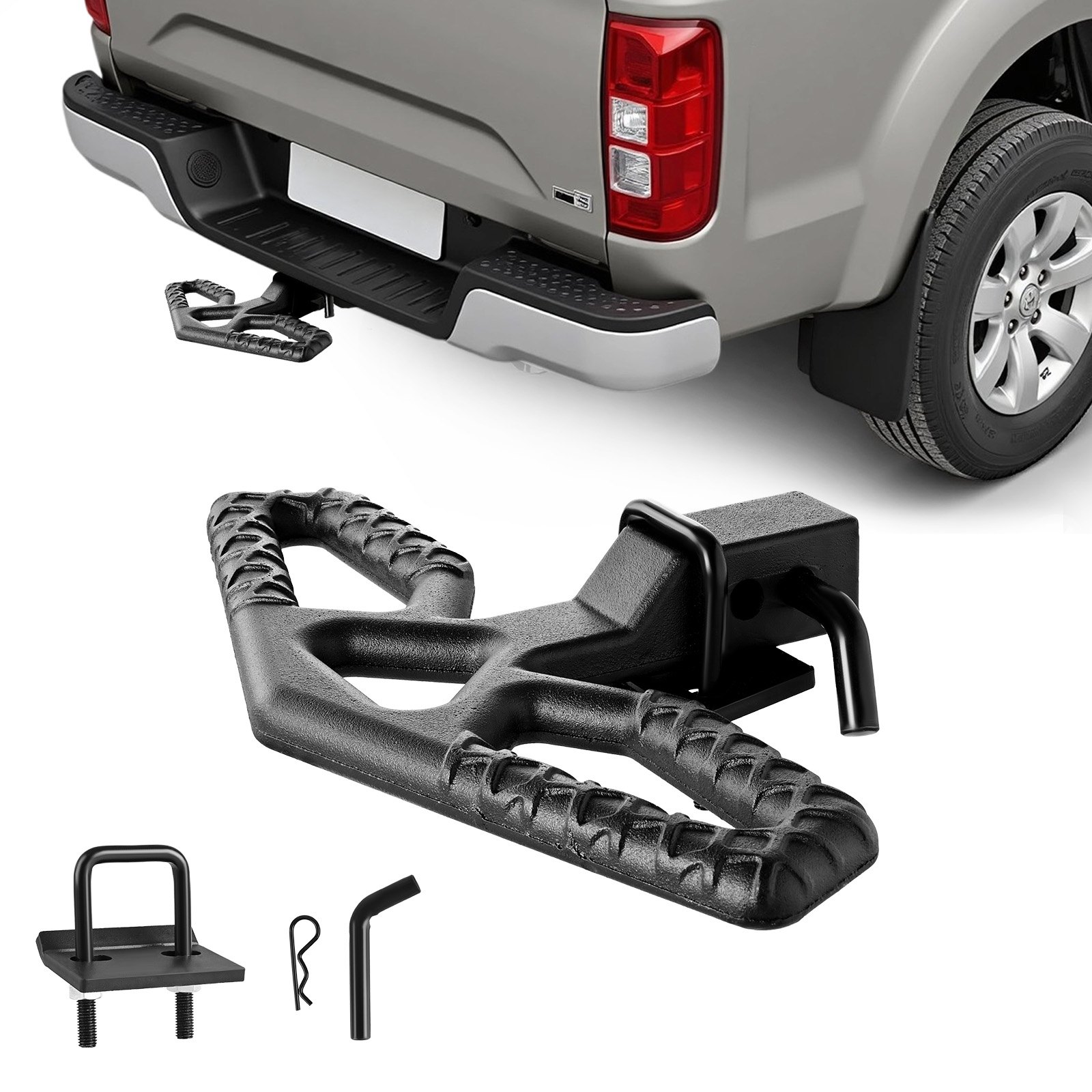 VEVOR Hitch Step for 5 cm Receiver, Universal Rear Bumper Guard Protector with 159 kg Load Capacity, Wide & Non-Slip Tow Hitch Step with Pin Kit and Stabilizer, Fit for Truck, SUV, Pickup, Trailer