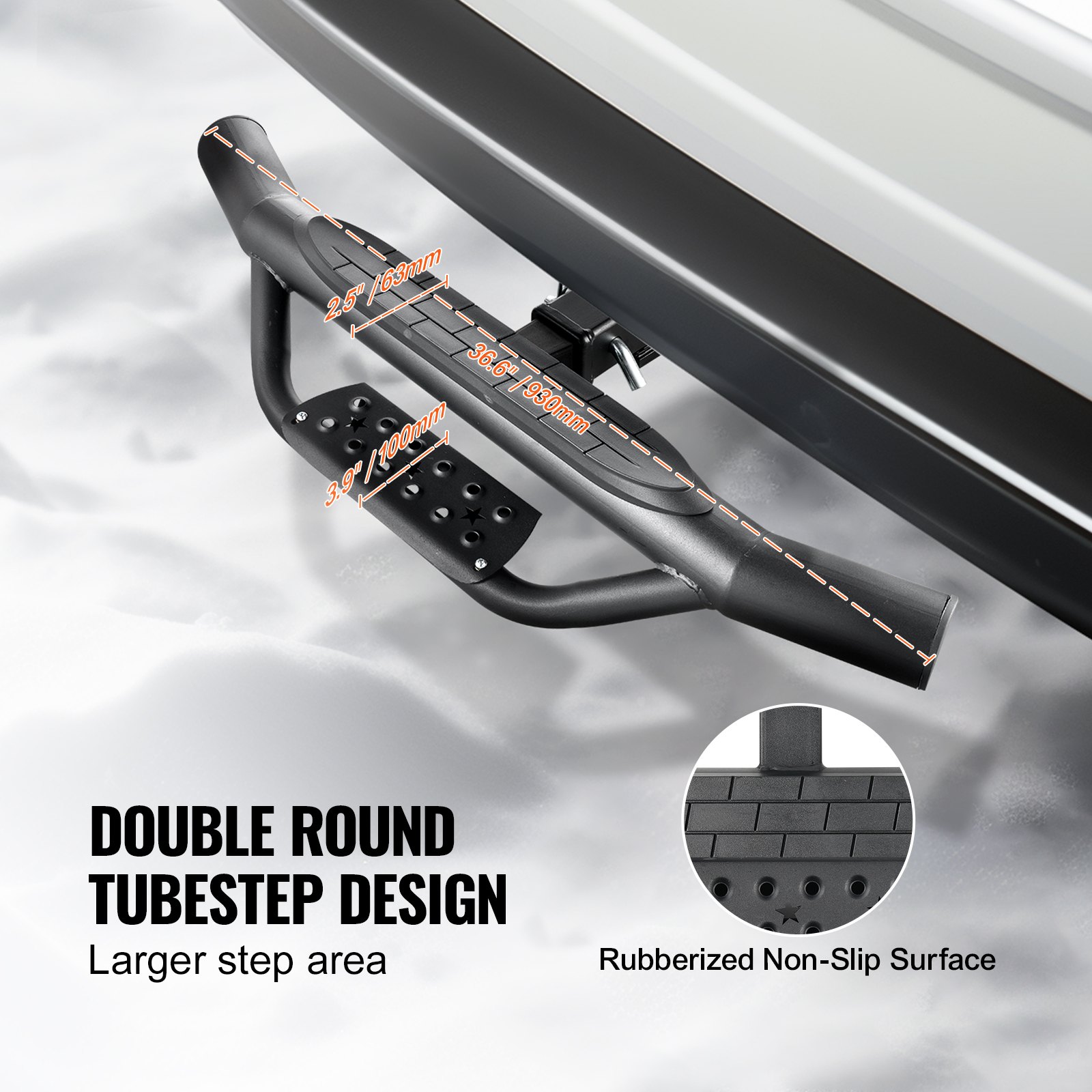 VEVOR trailer hitch step for 50.8 mm receivers, robust steel construction with 158.7 kg load capacity, rear bumper protector with pin locking mechanism, 93 cm long for trucks, SUVs, pickups, and trailers