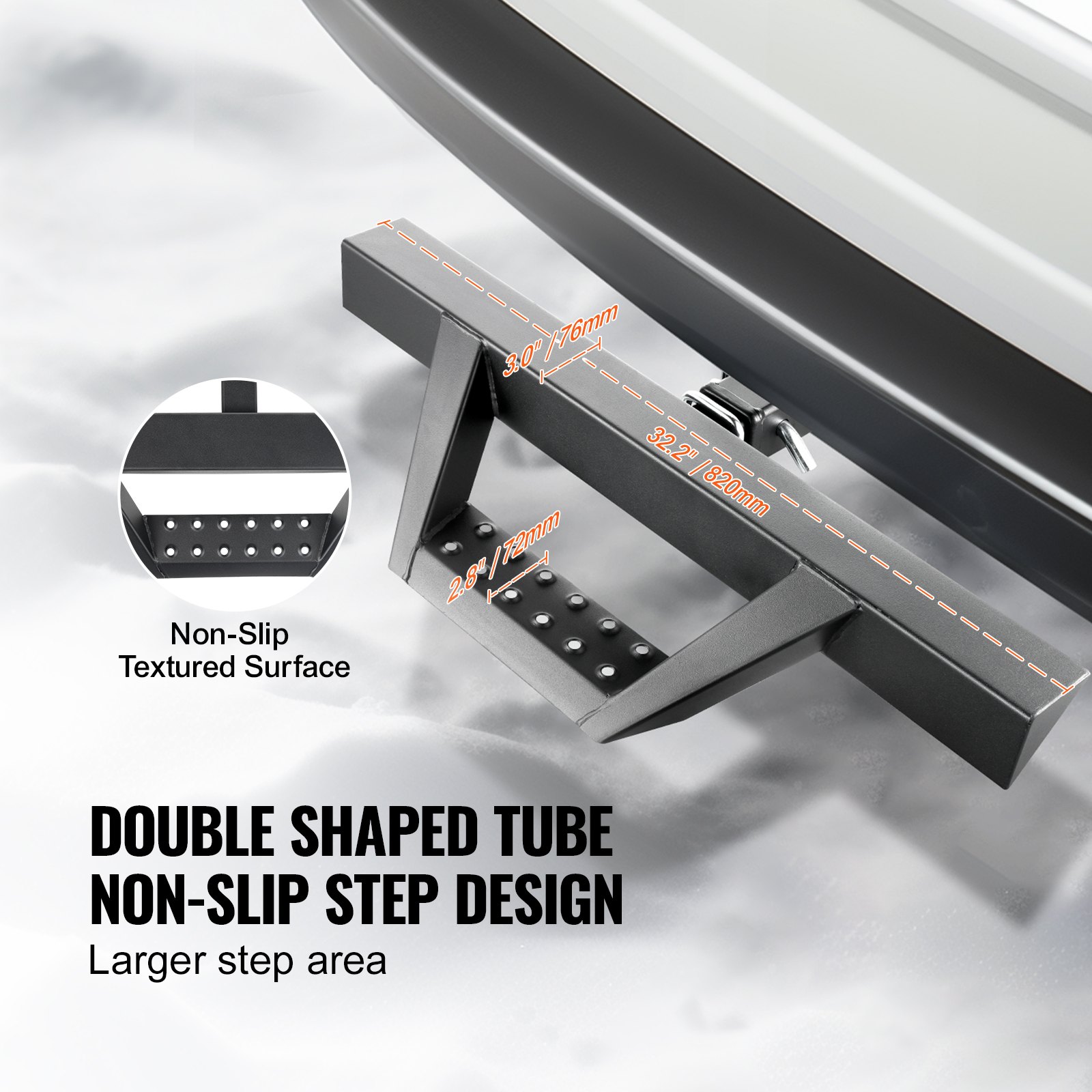 VEVOR trailer hitch step for 2-inch receivers, heavy-duty steel construction with 300 lb load capacity, rear bumper guard with pin lock and stabilizer, universal fit for trucks, SUVs, pickups, and trailers