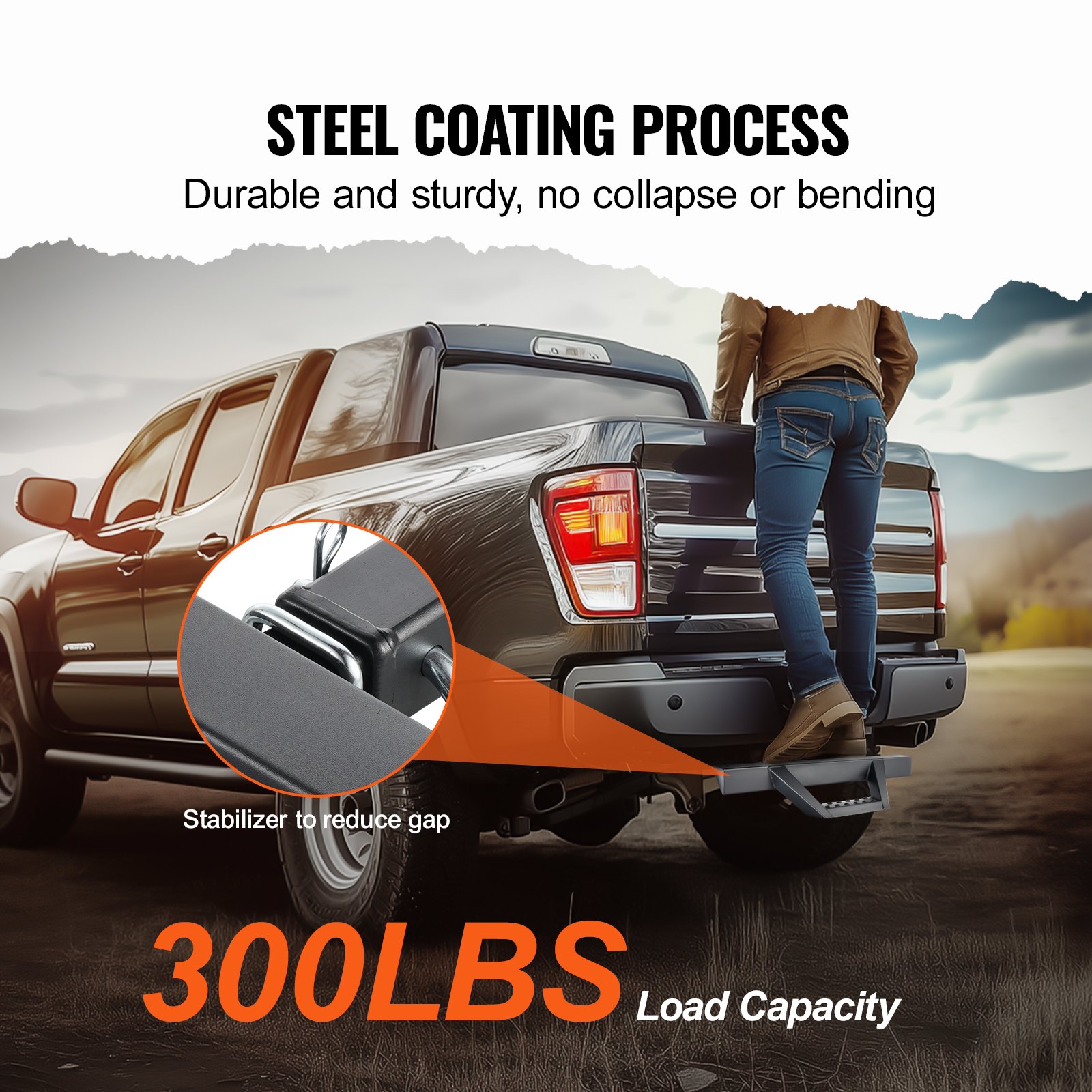 VEVOR trailer hitch step for 2-inch receivers, heavy-duty steel construction with 300 lb load capacity, rear bumper guard with pin lock and stabilizer, universal fit for trucks, SUVs, pickups, and trailers